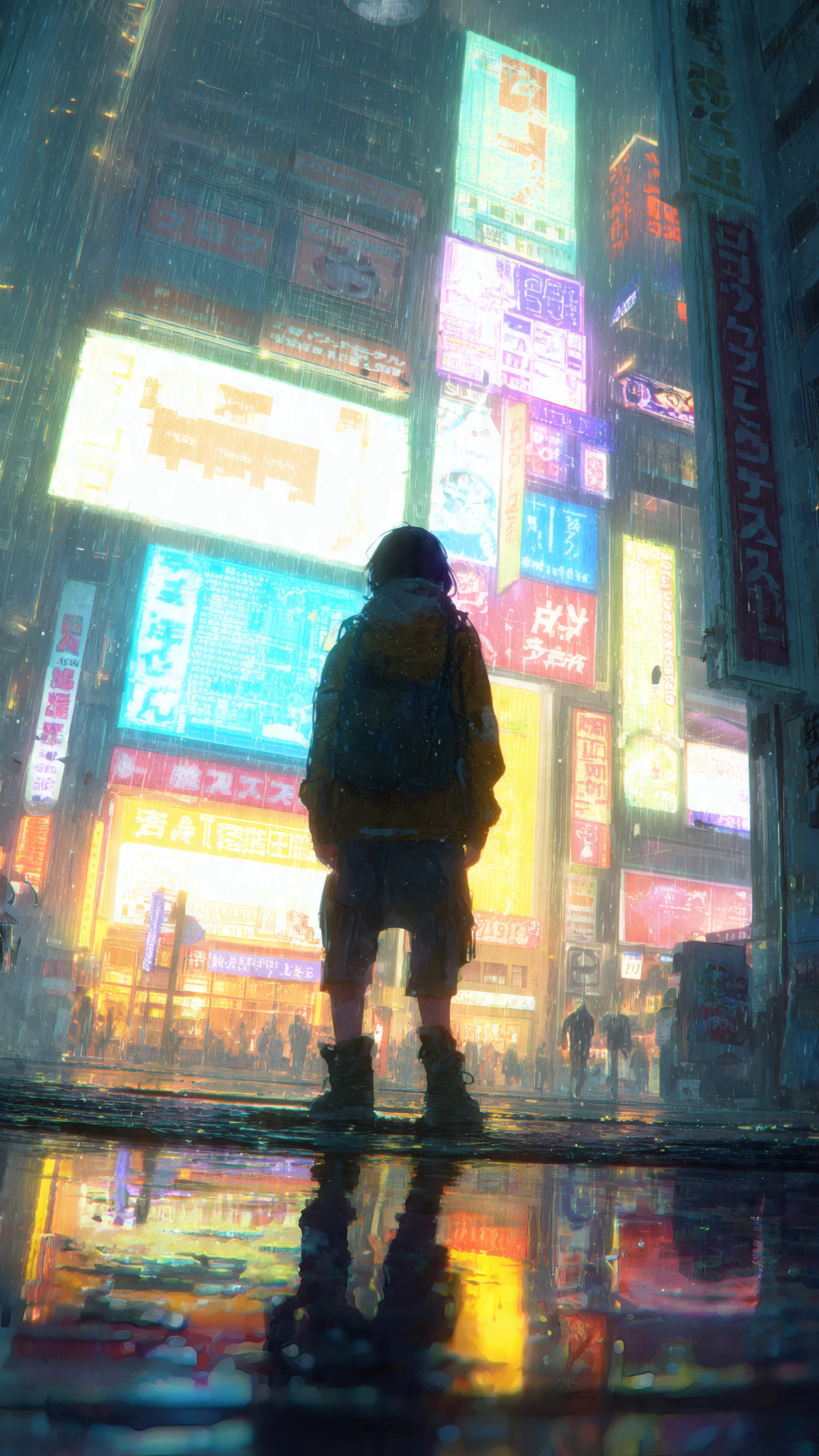 Person Standing in a Neon Lit Rainy Cyberpunk City