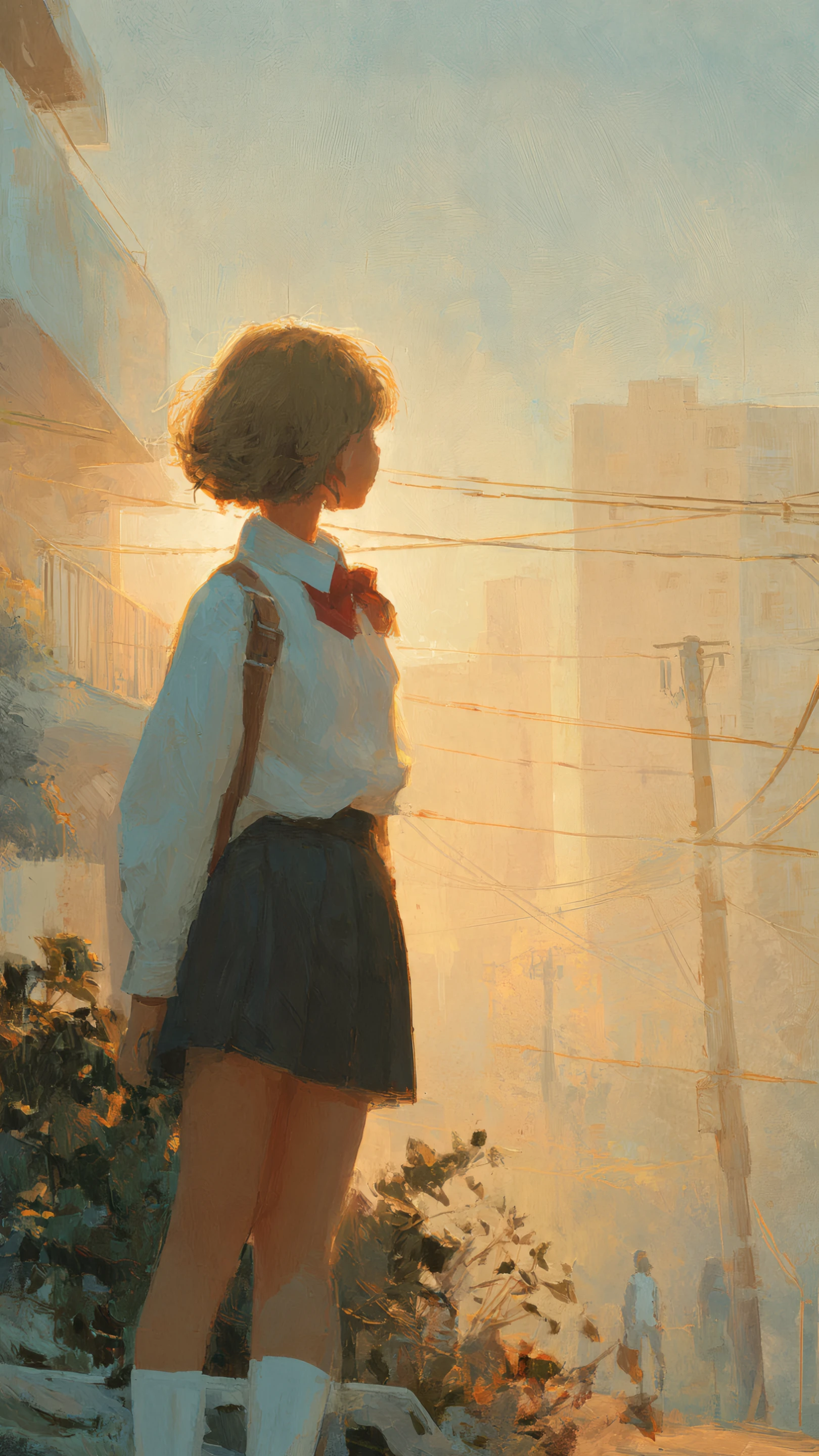 Petals in the Quiet Wind Golden Hour Anime Schoolgirl in Dre
