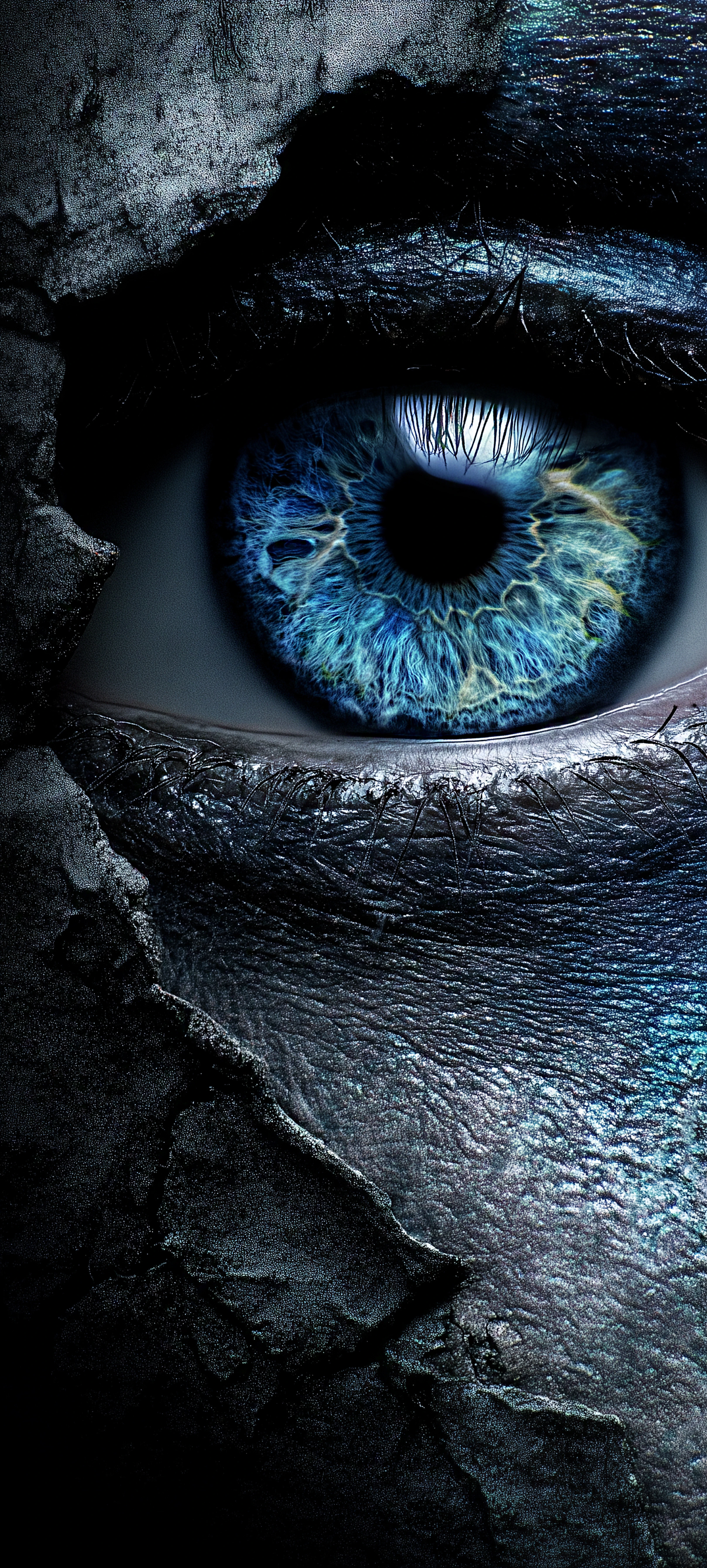 Piercing Blue Eye Glimpse Through Cracked Stone Wall