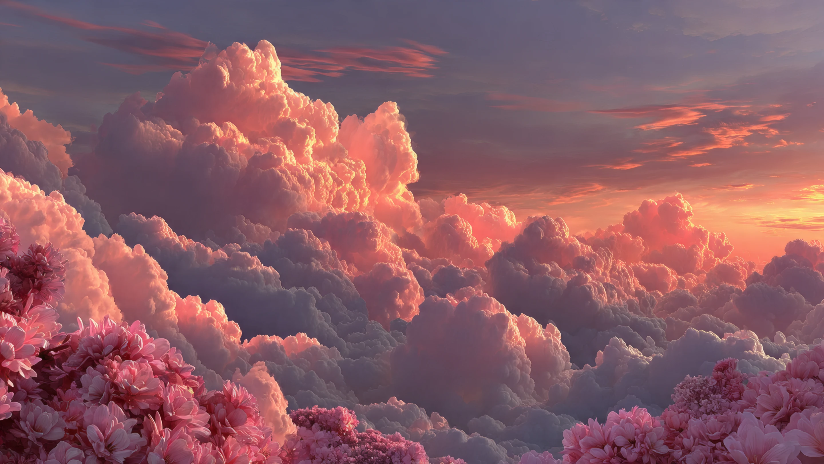 Pink Clouds and Flowers Dreamscape at Sunset