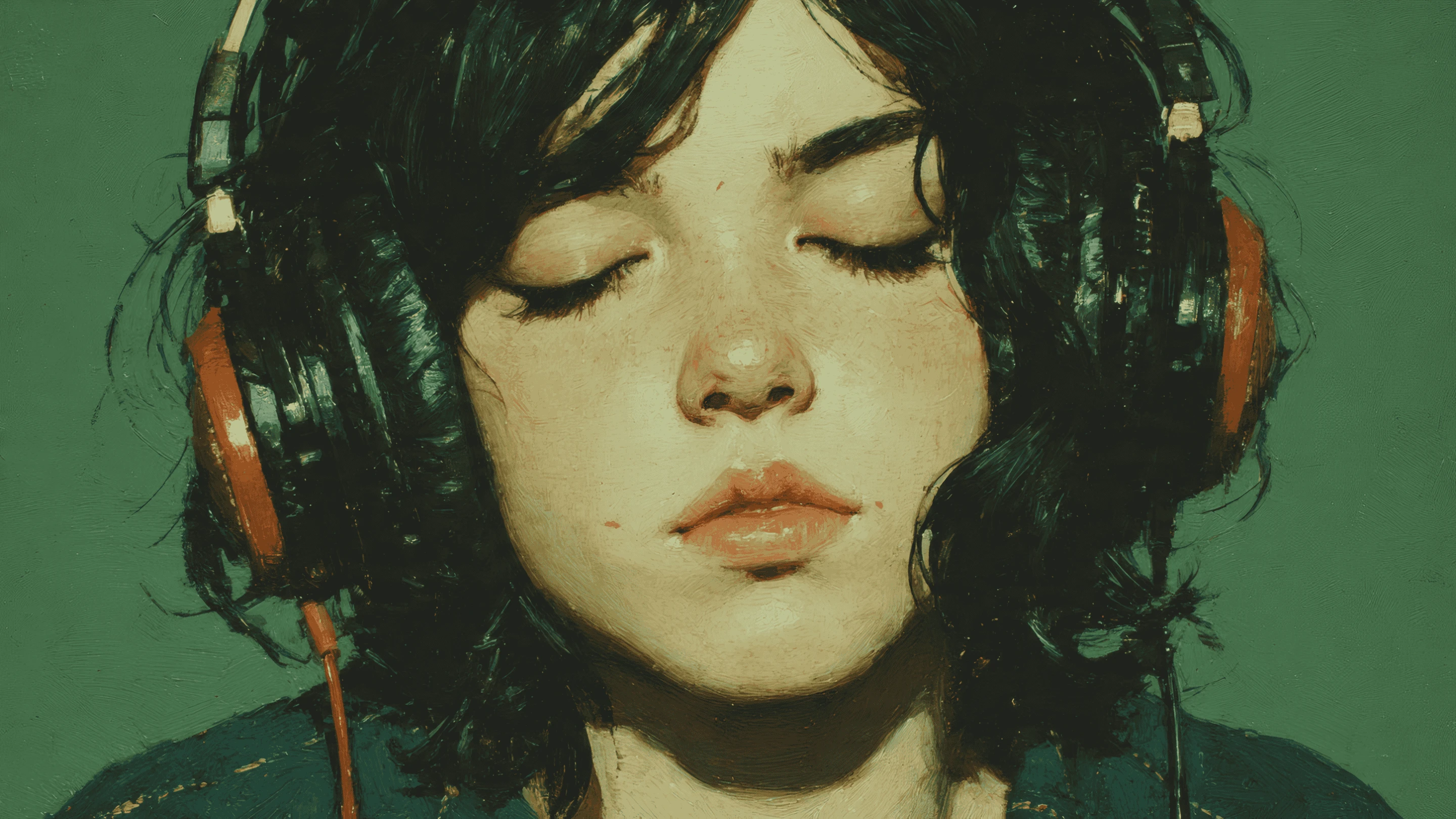 Portrait of a Girl with Headphones Oil Painting Style