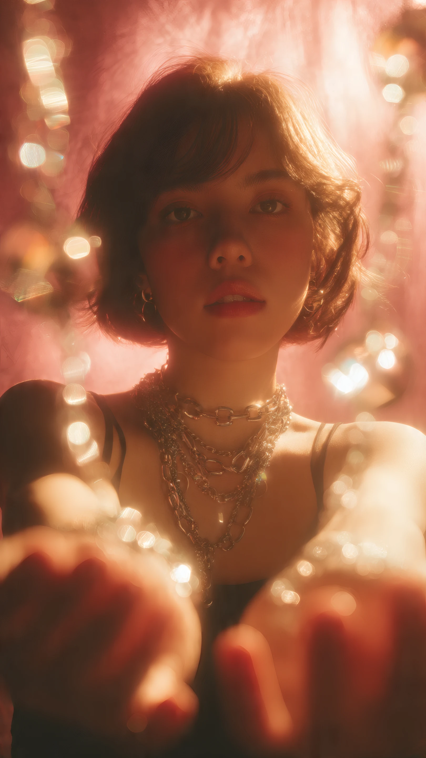 Portrait of a Woman with Silver Chains and Bokeh Lights