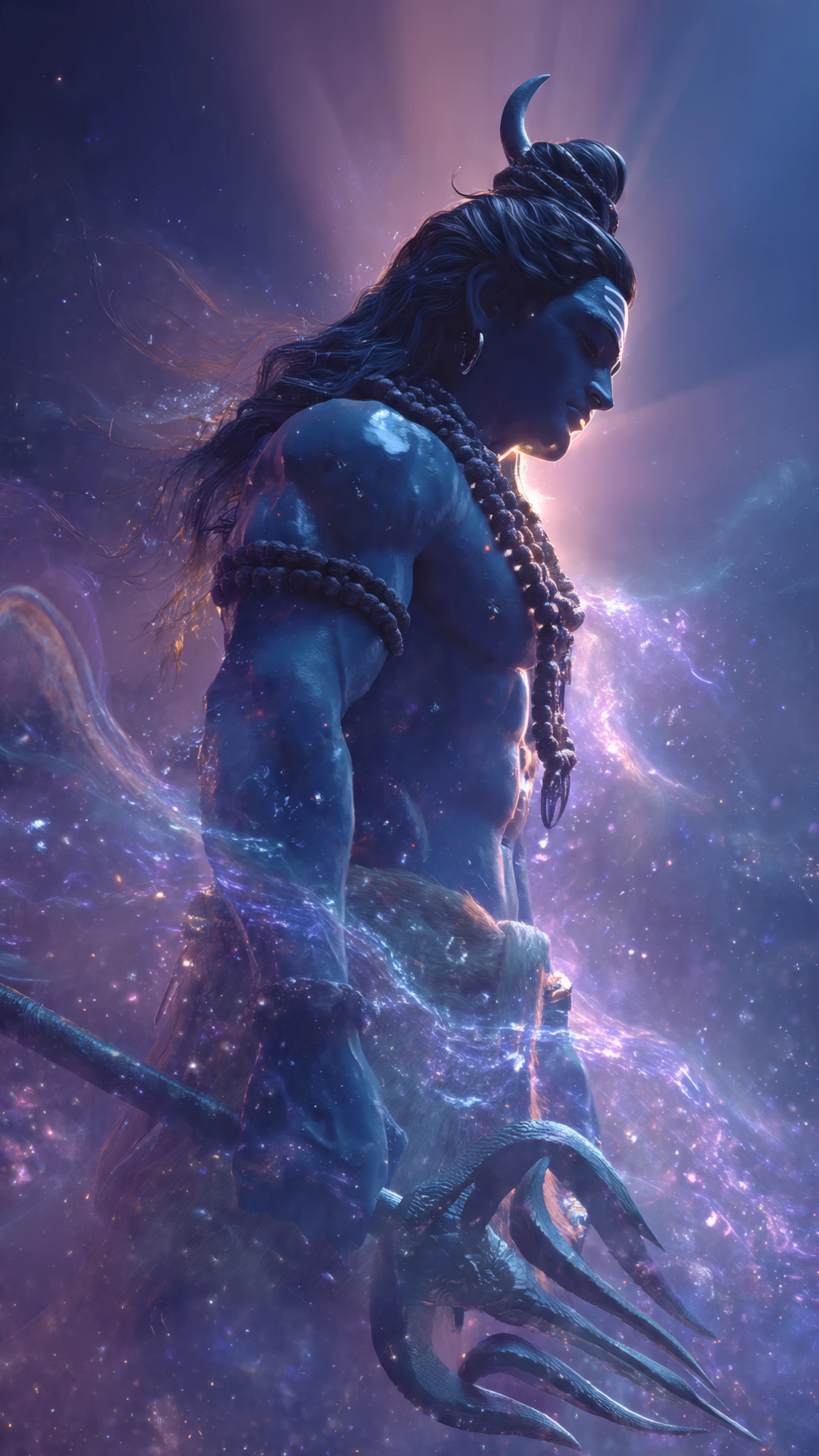 Powerful Blue God with Trident in Cosmic Scene