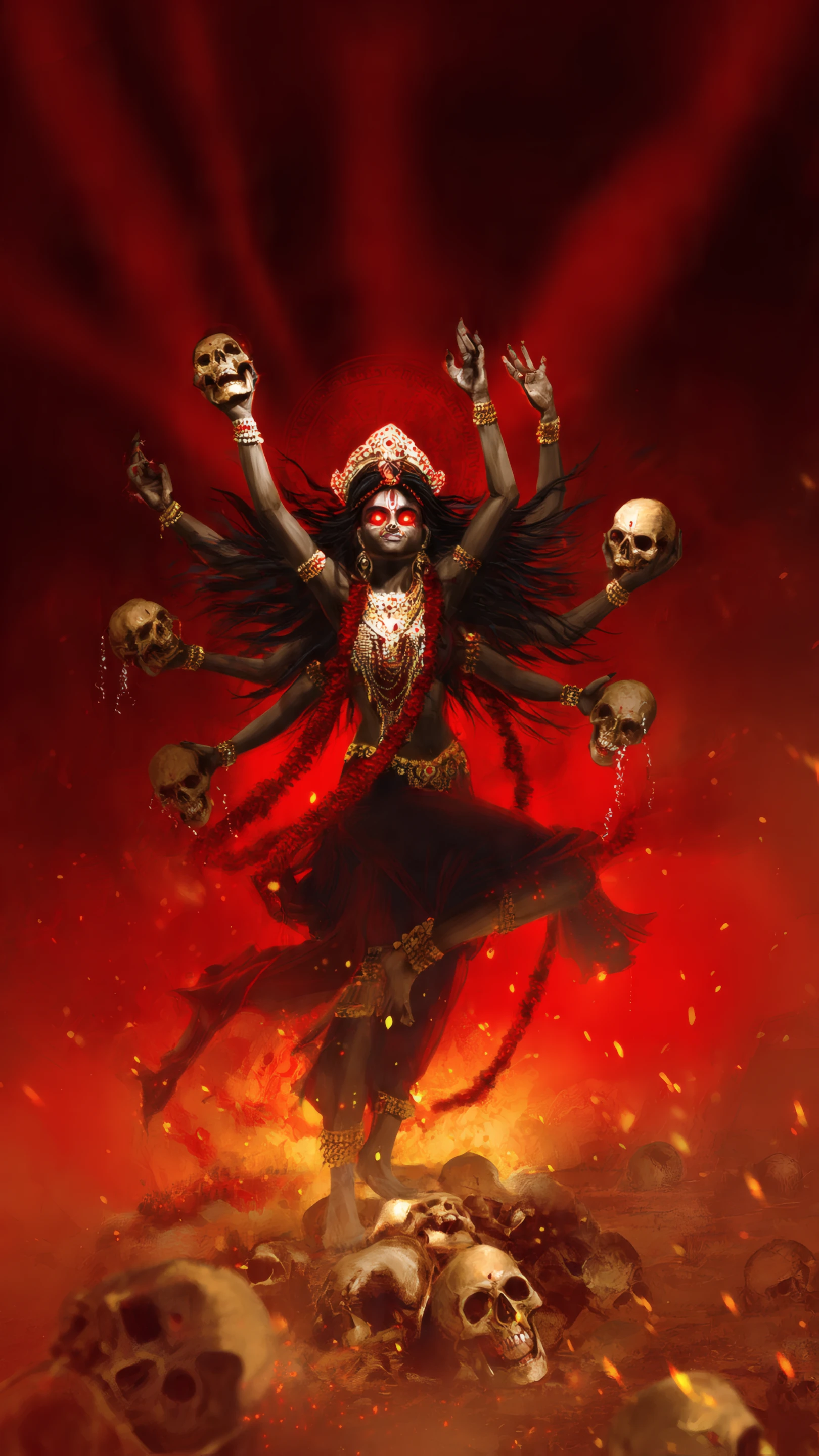 Powerful Kali Goddess Dancing on Skulls in Red