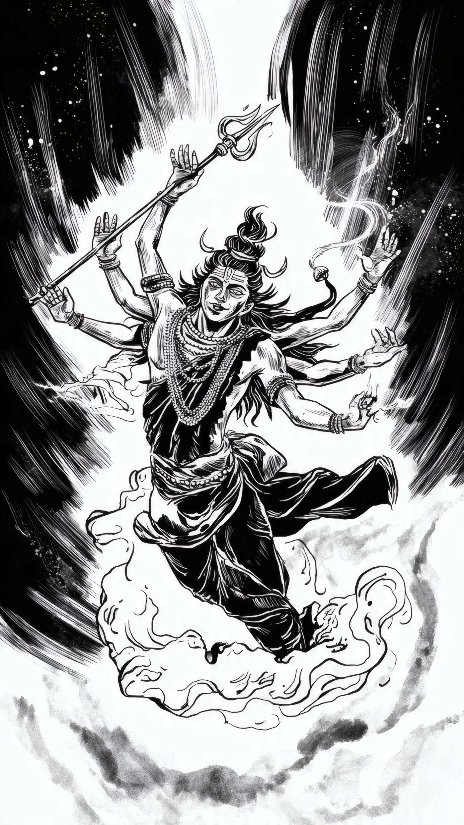 Powerful Shiva Sketch with Trident and Multiple Arms
