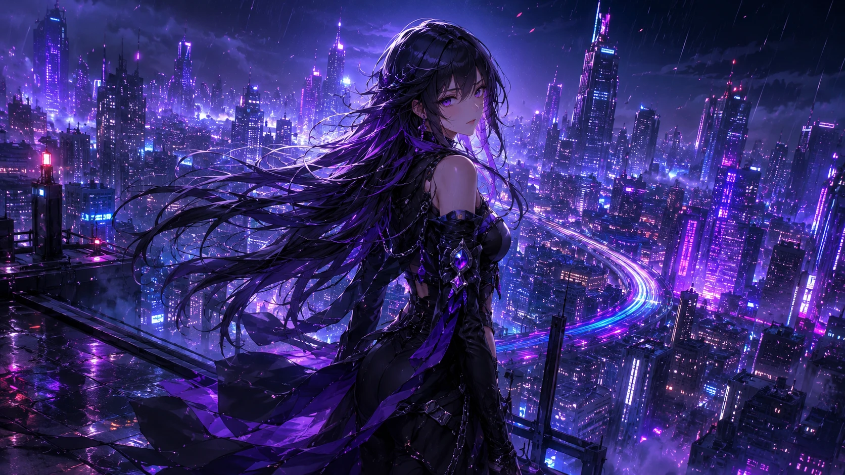 Purple Hair Anime Girl Overlooking Neon Cyberpunk City wallpaper 1672x941