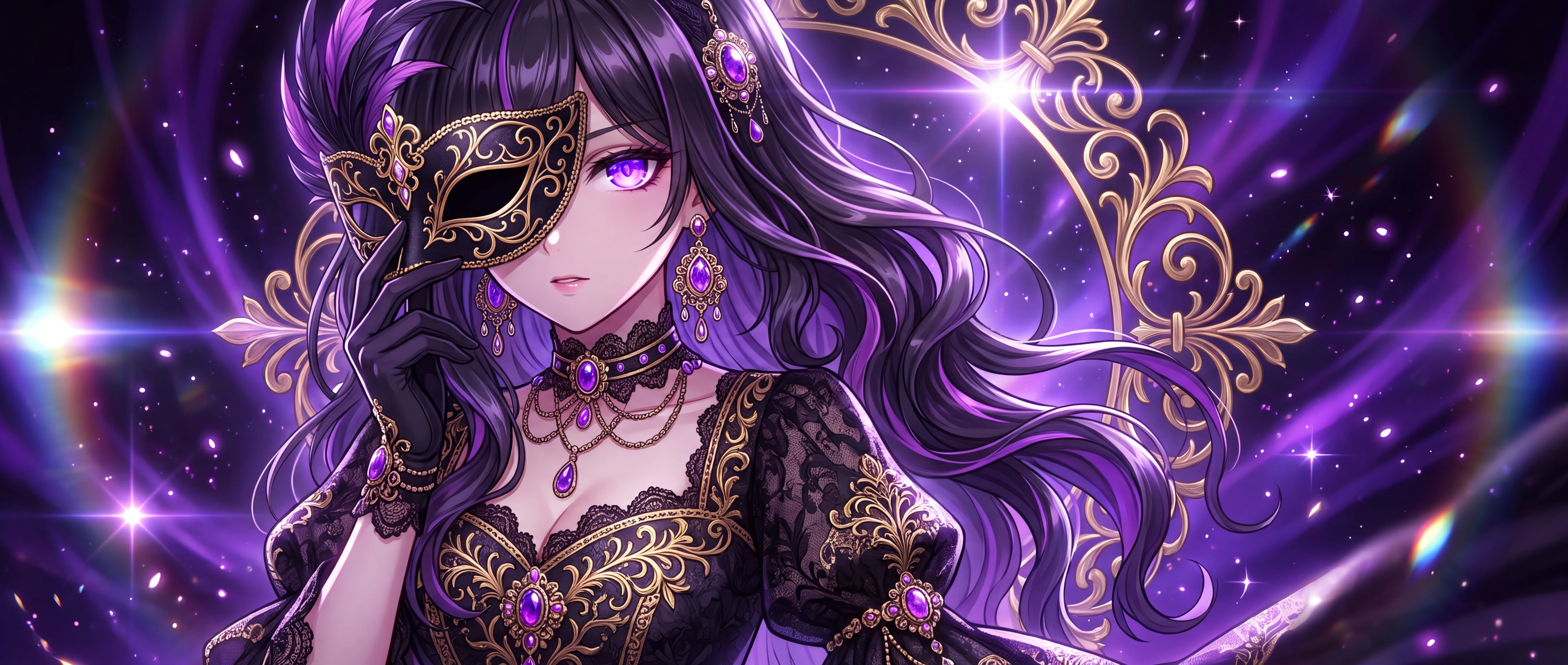 Purple Masquerade Anime Girl 4k Wallpaper 6336x2688