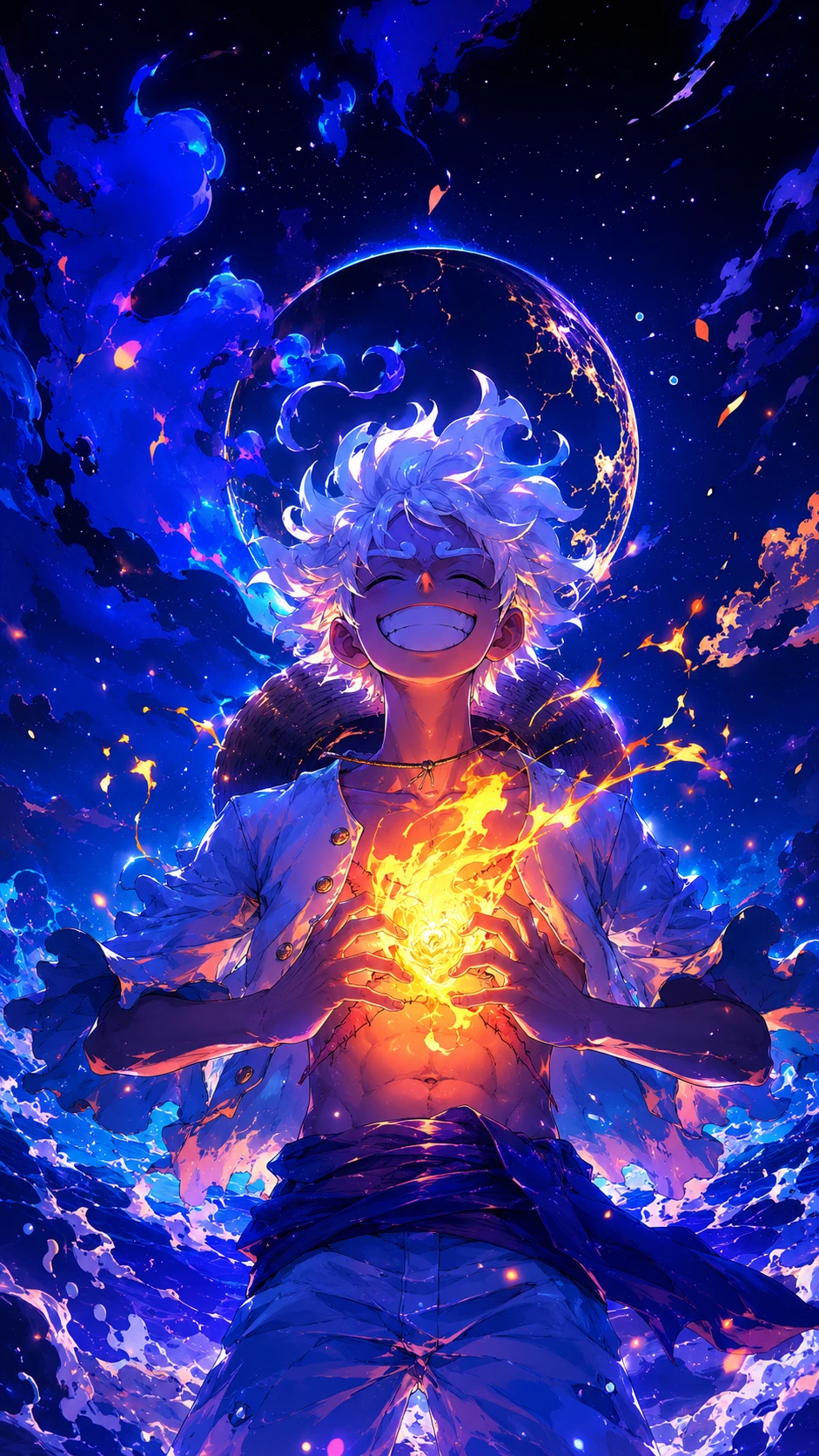 Radiant Anime Hero Fiery Orb in Cosmic Ocean wallpaper 941x1672