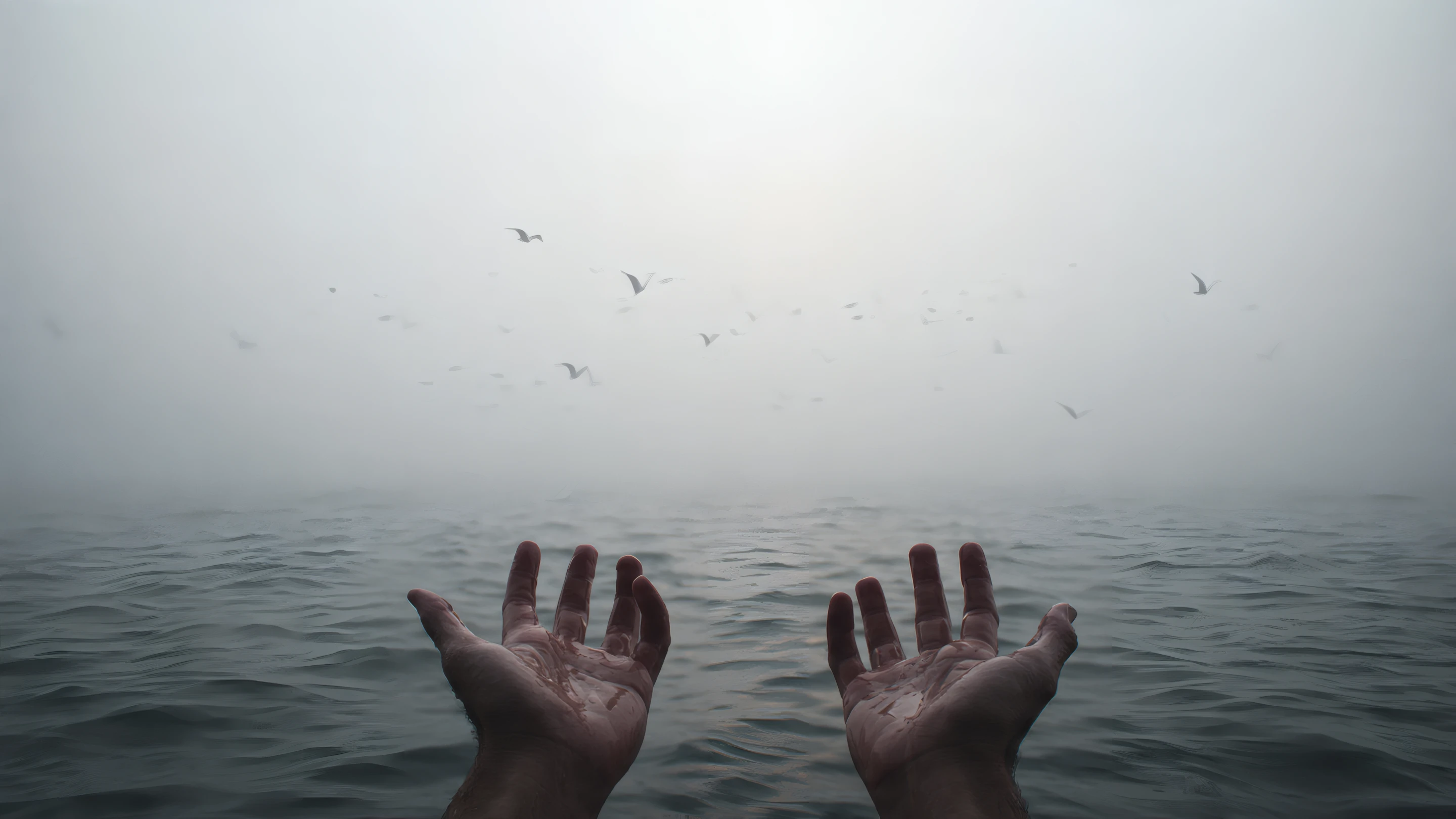 Reaching Hands over Foggy Ocean with Distant Birds