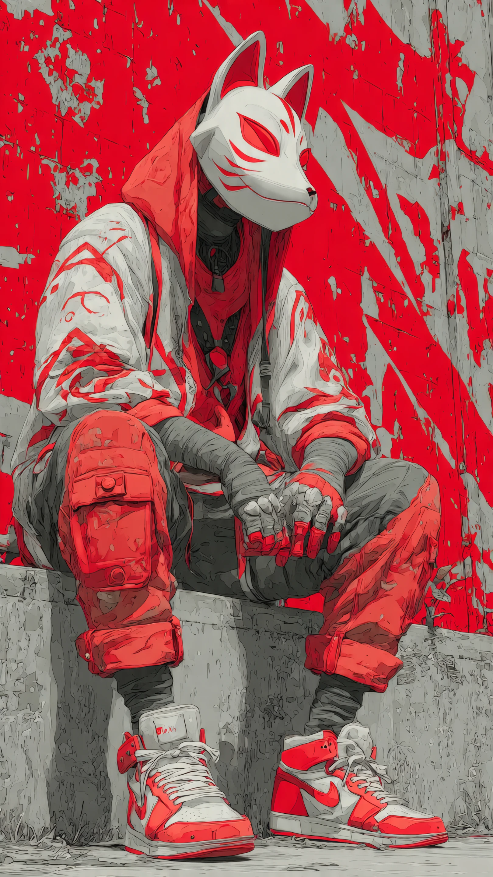 Red and Gray Anime Style Fox Mask Character