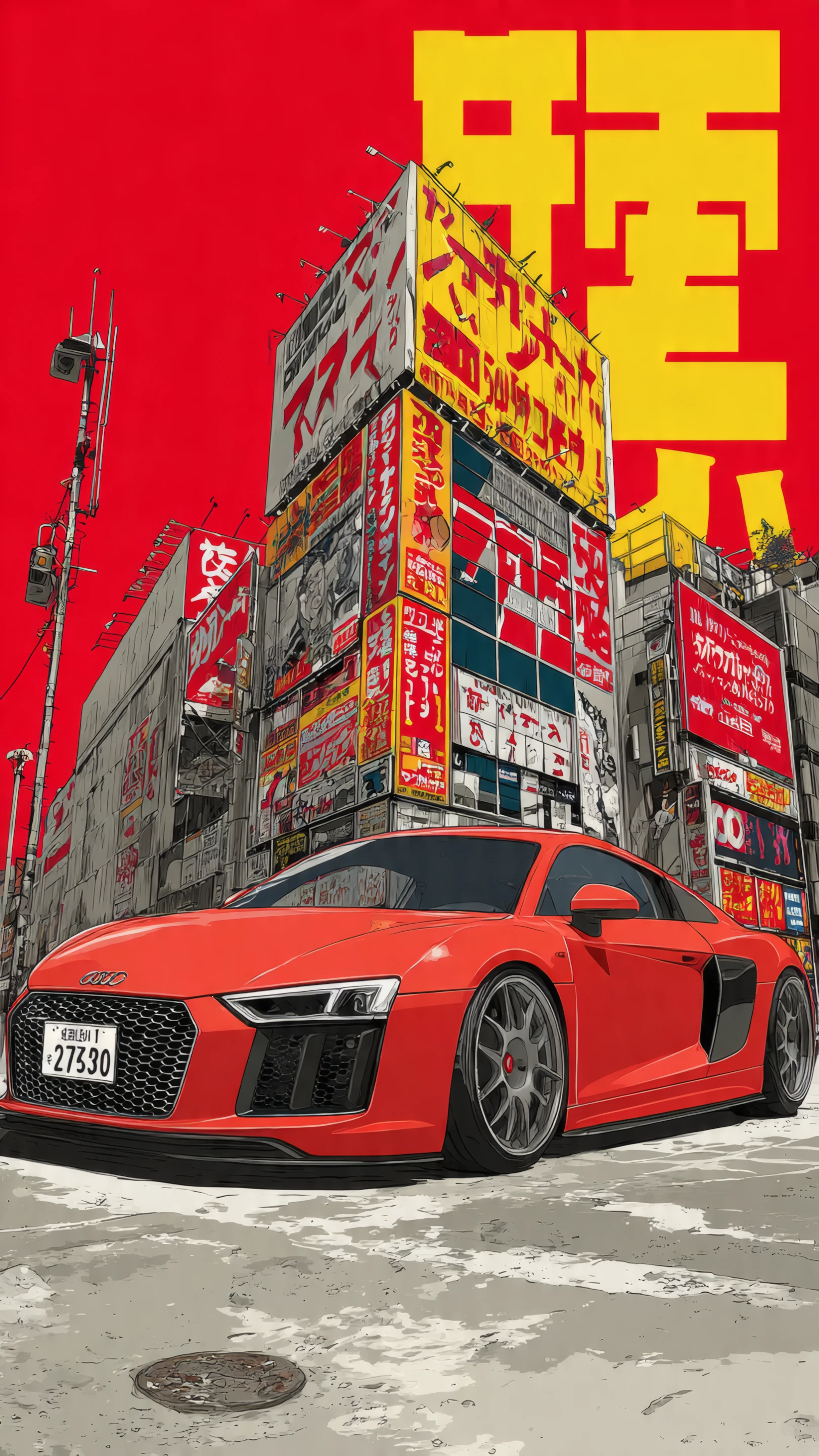 Red Audi R8 in a Vibrant Tokyo Cityscape
