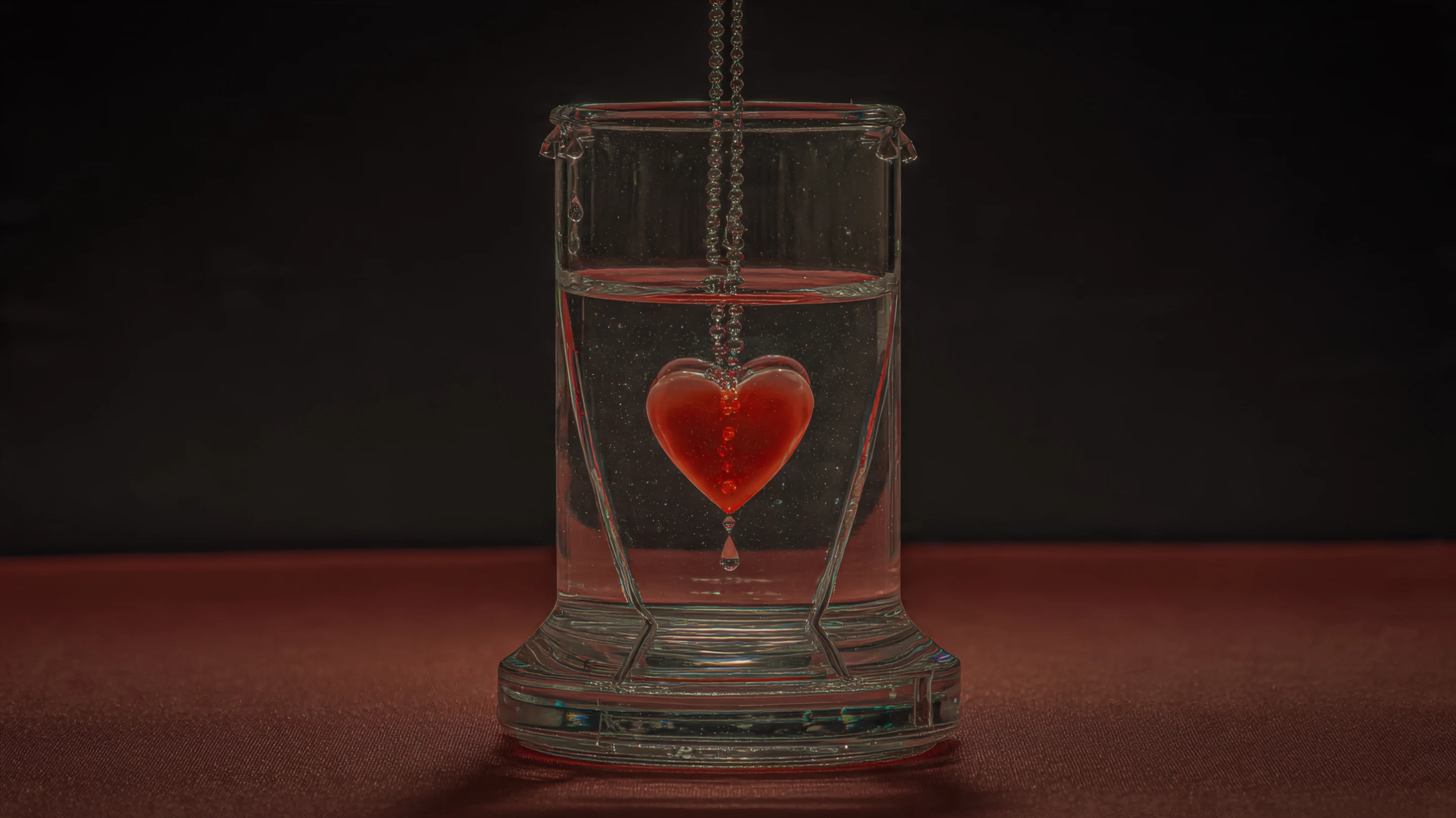 Red Heart Pendant Suspended in Water Glass Still Life
