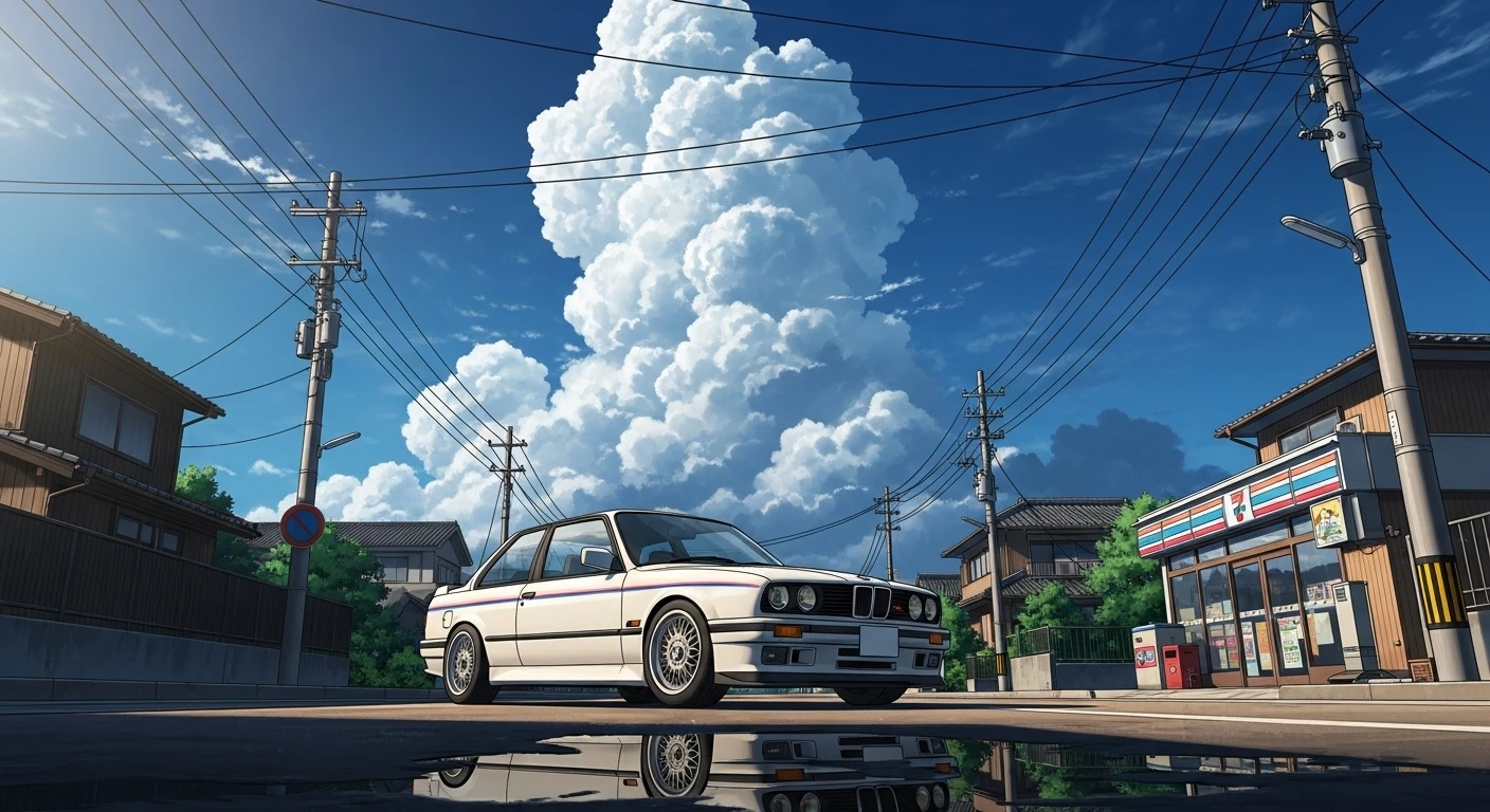 Reflecting White Bmw E30 Under Cumulus Clouds