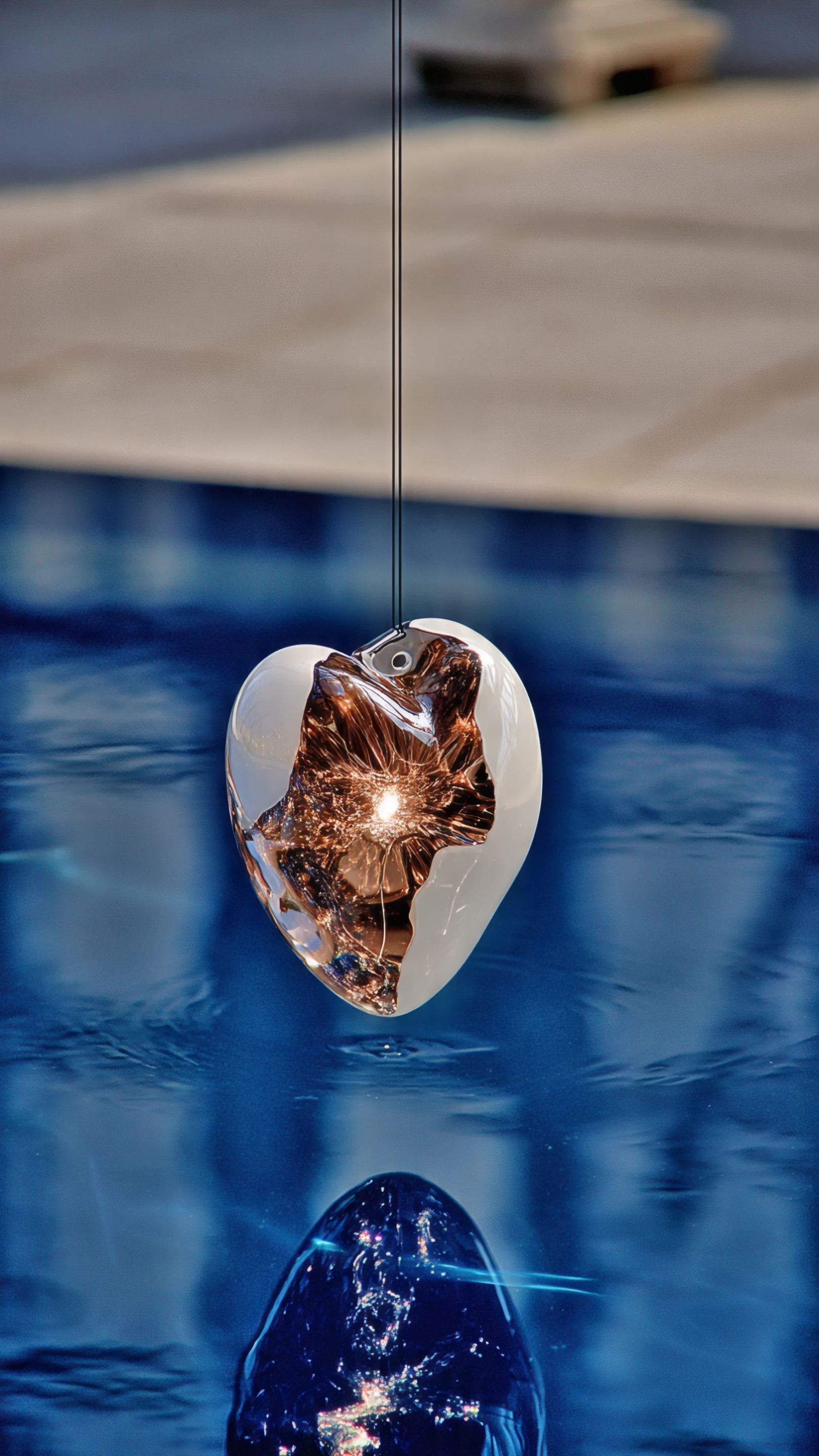 Reflective Heart Ornament Suspended Above Blue Water