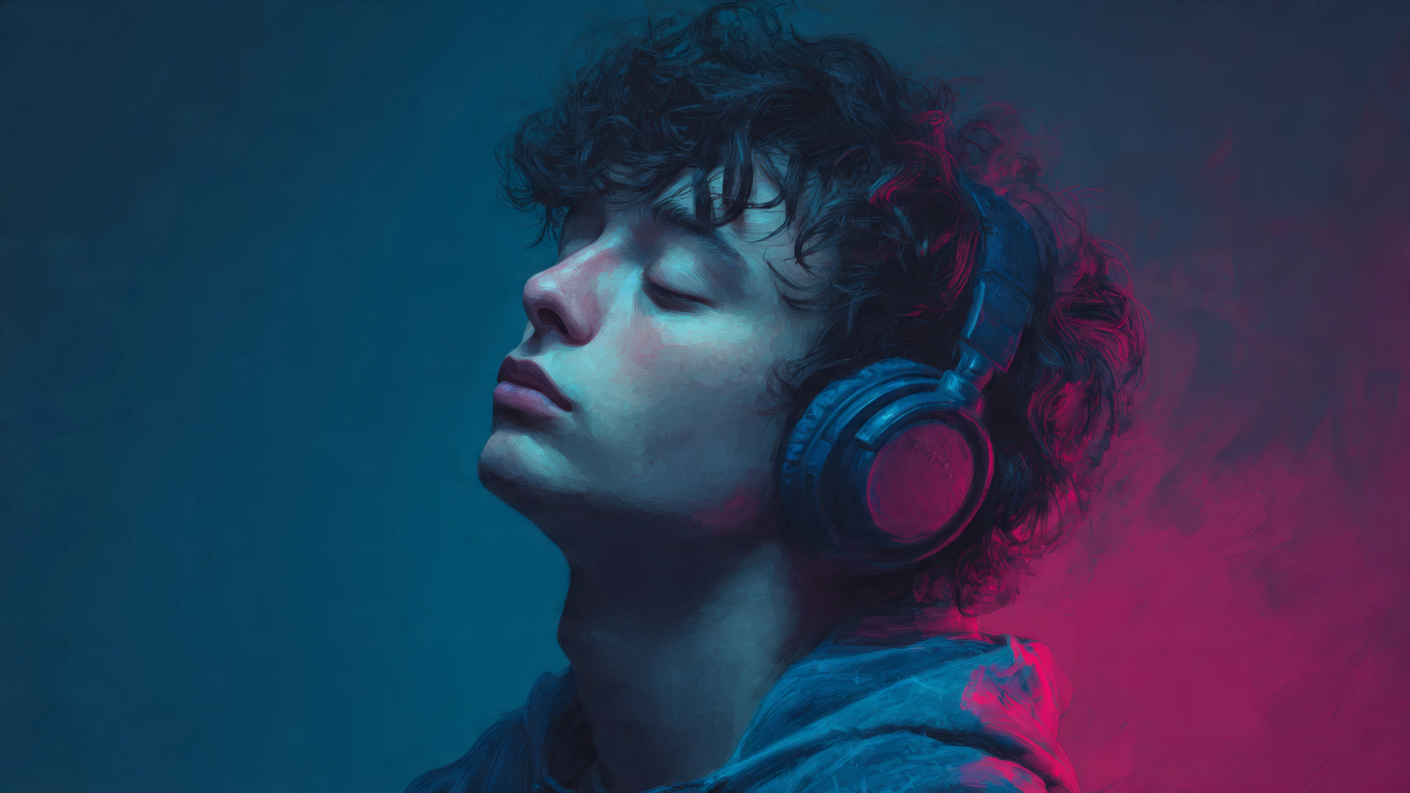 Relaxed Man with Headphones in Blue and Pink Lighting