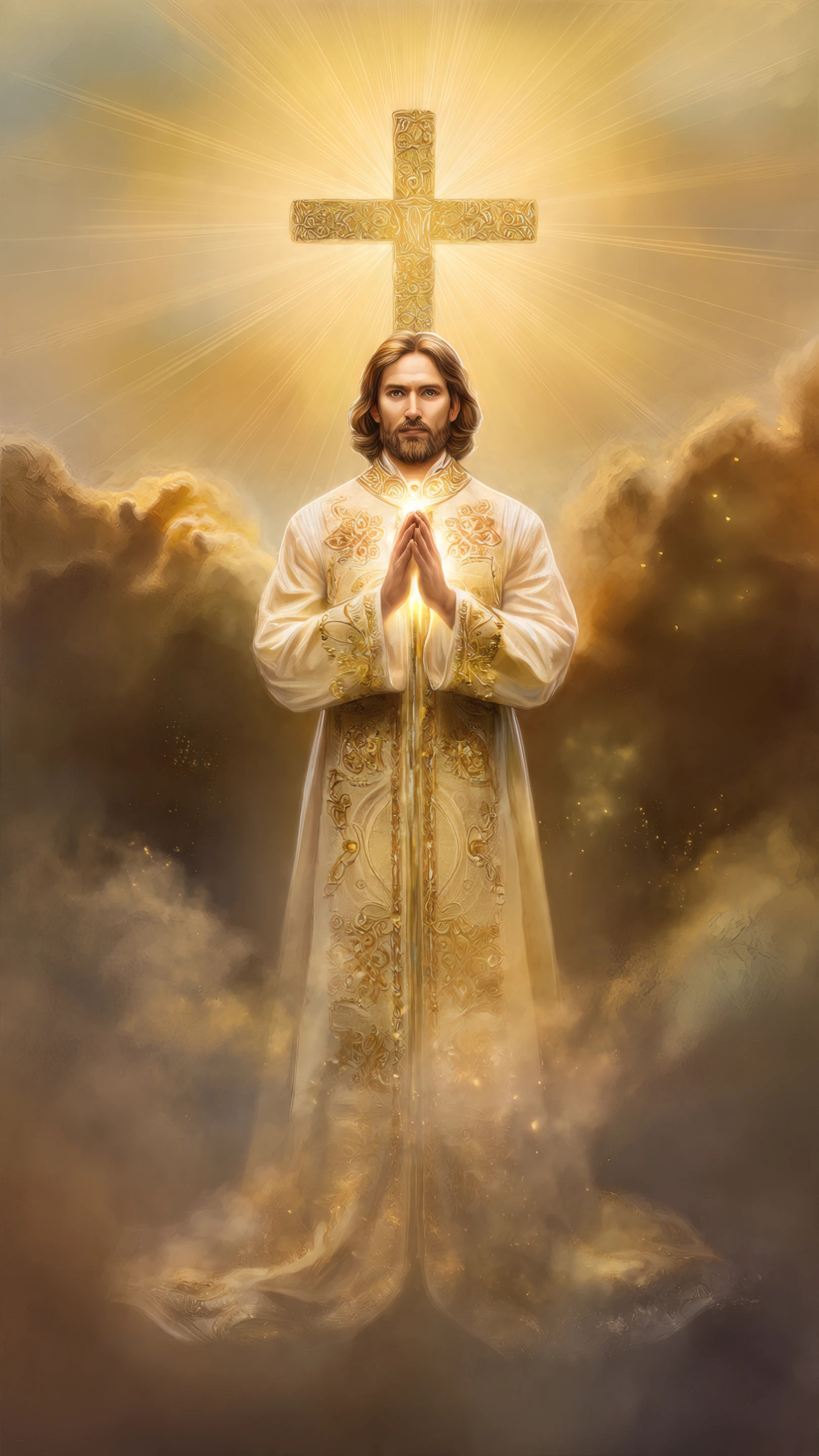 Religious Figure in Golden Robe with Cross Above