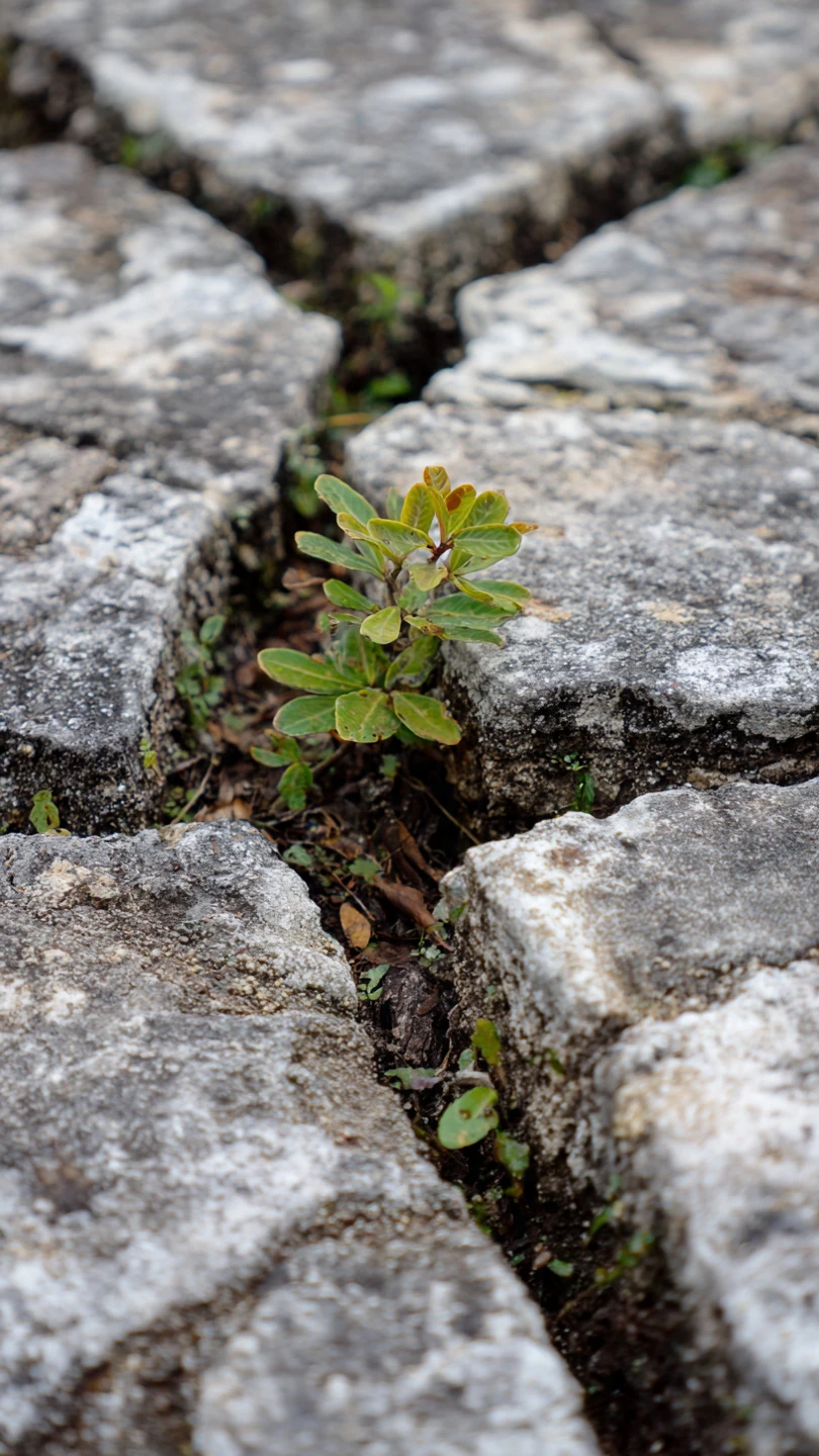 Resilient Plant Sprouts Through Cracked Stone Pavers