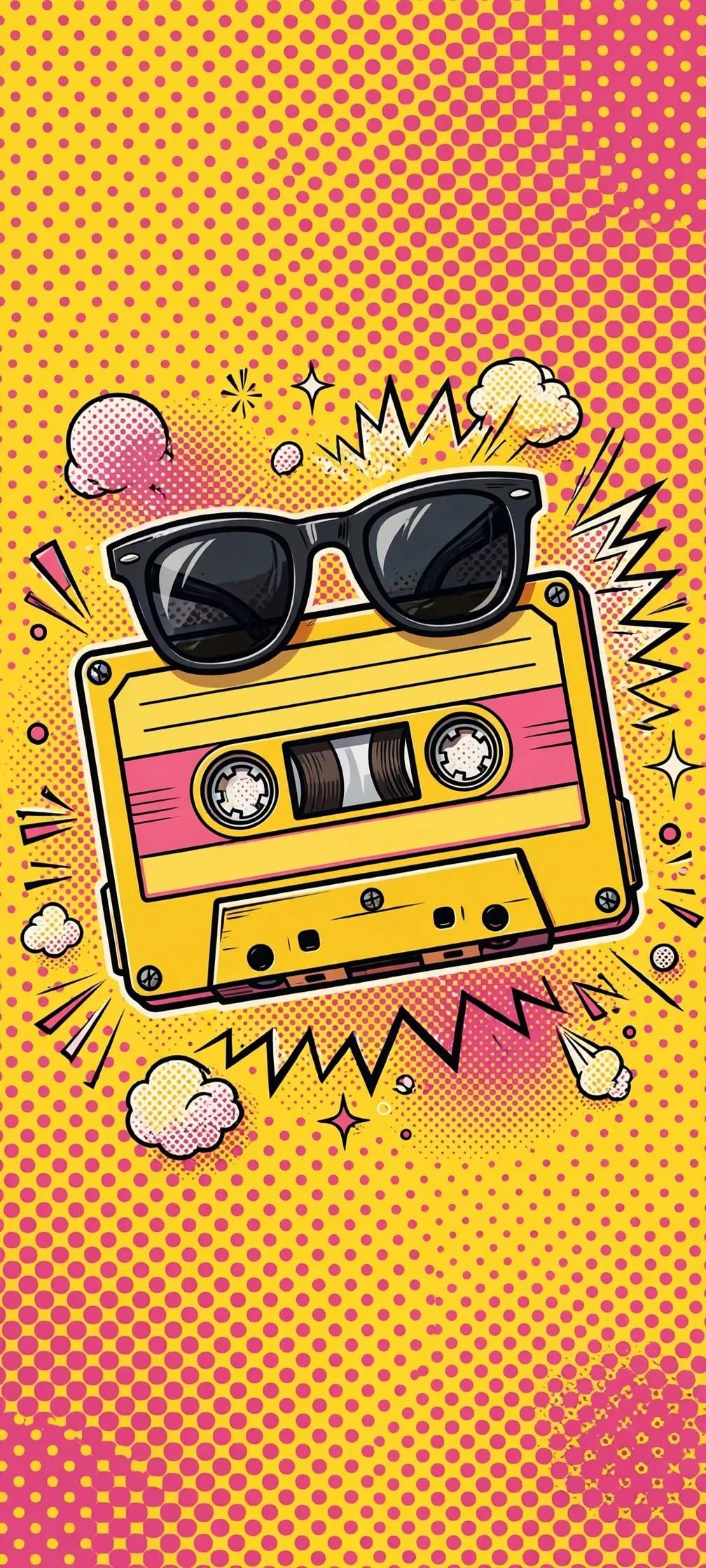 Retro Yellow Cassette Tape with Sunglasses Pop Art Design Aesthetic wallpaper 1008x2240