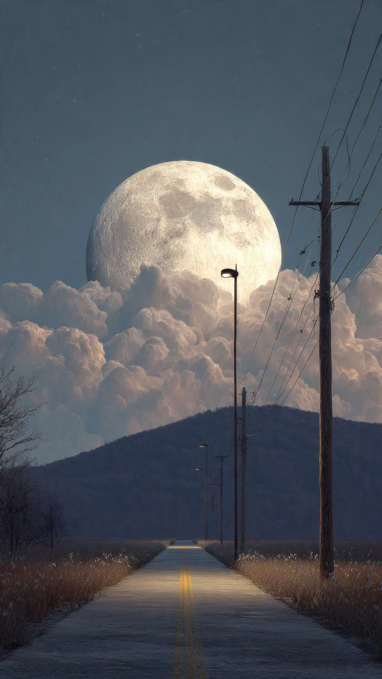 Road to the Moon with Telephone Poles and Clouds