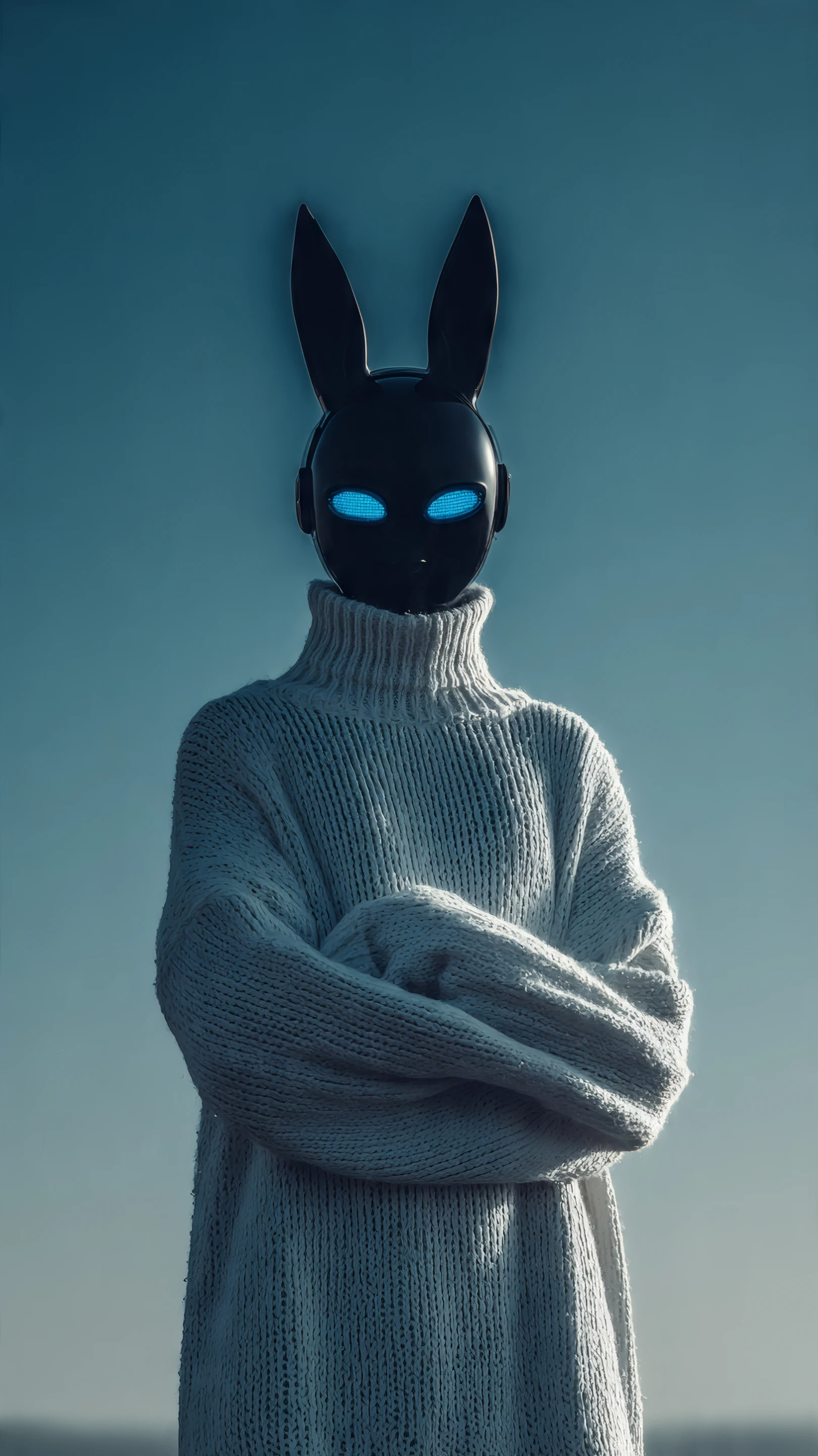 Robotic Bunny Figure with Glowing Eyes in Knitted Sweater