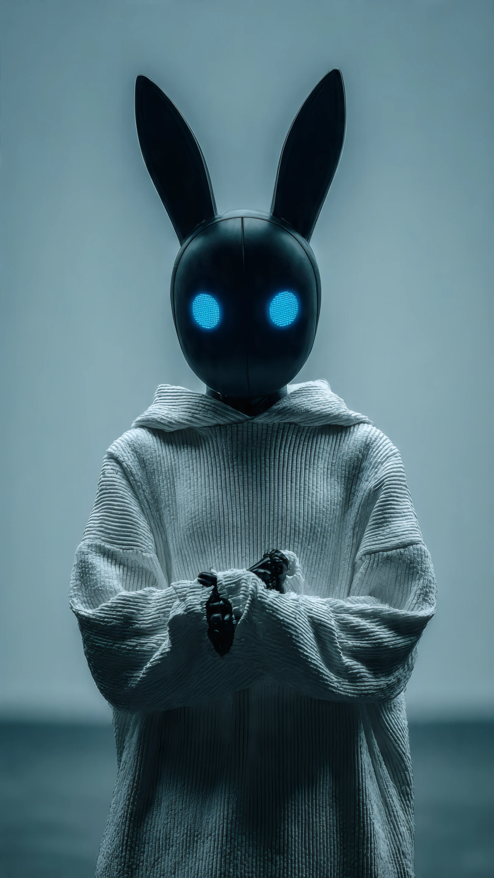 Robotic Rabbit Figure with Glowing Blue Eyes