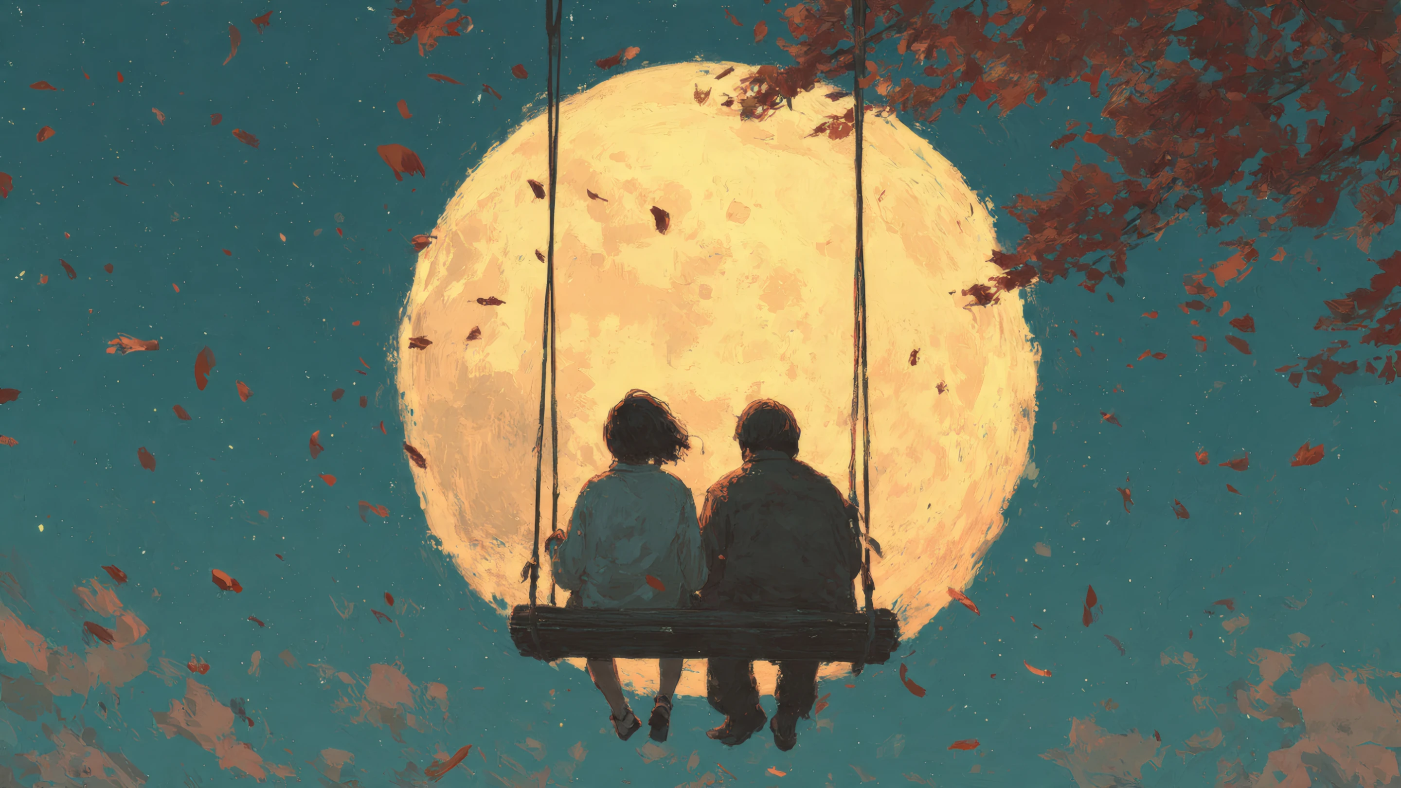 Romantic Couple on a Swing Under a Full Moon
