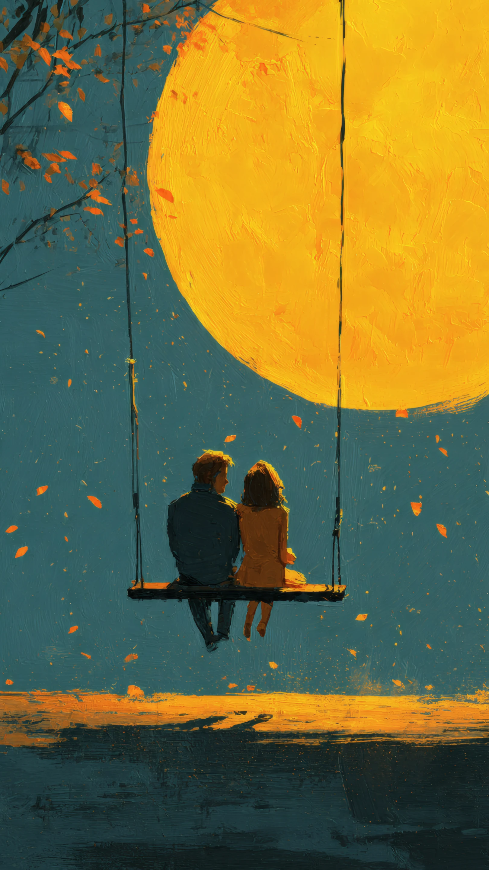 Romantic Couple on Swing with a Giant Moon Backdrop
