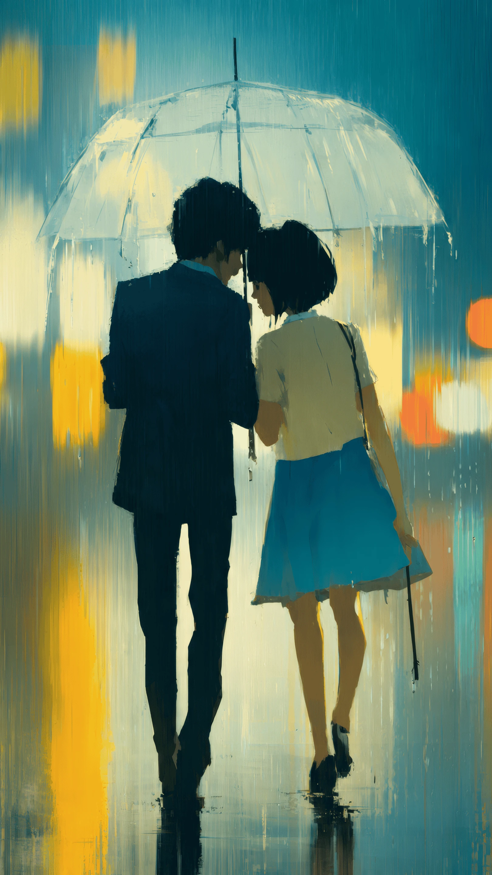 Romantic Couple Walking in Rain with Umbrella Art