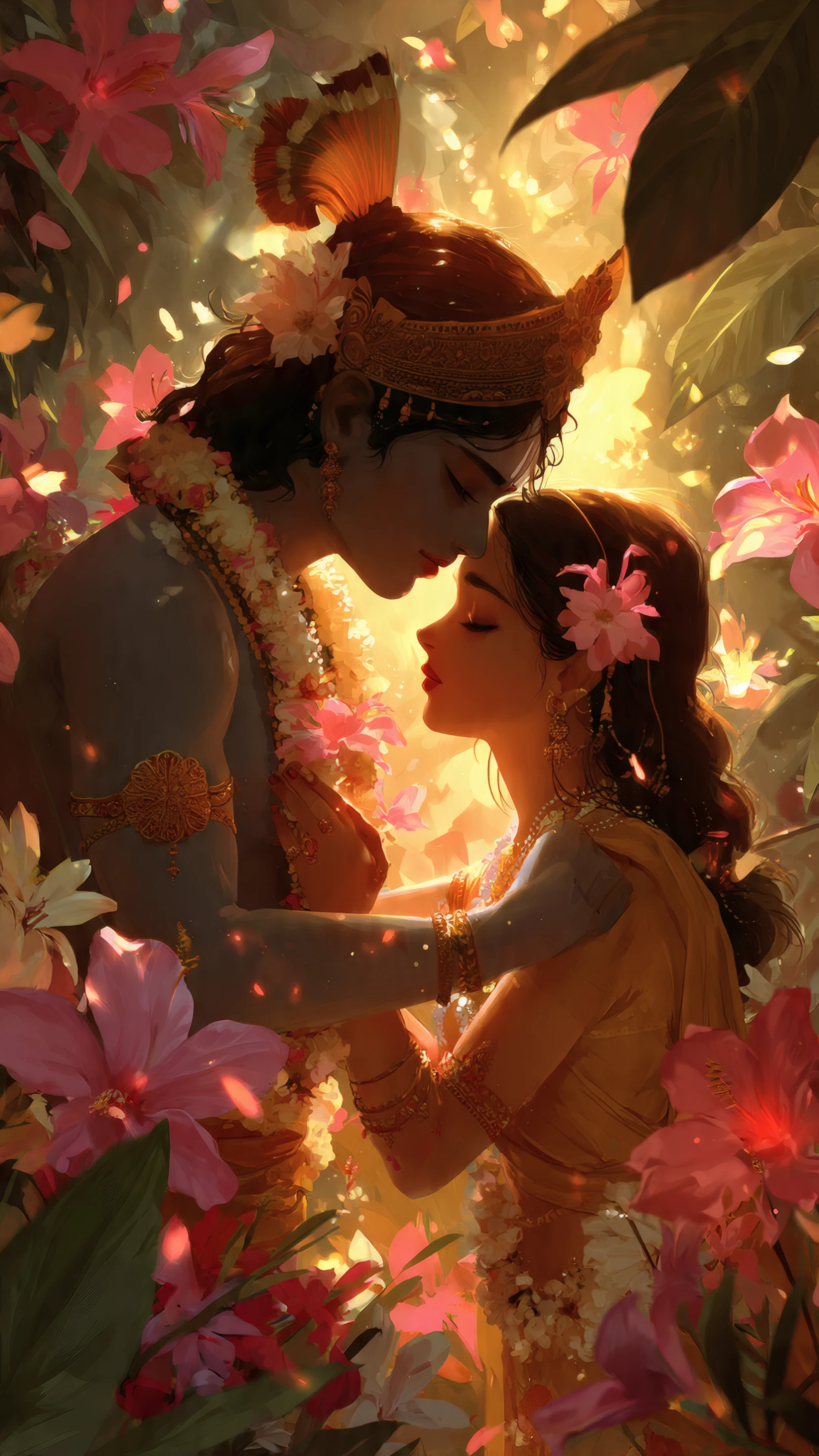 Romantic Krishna and Radha Floral Embrace Illustration