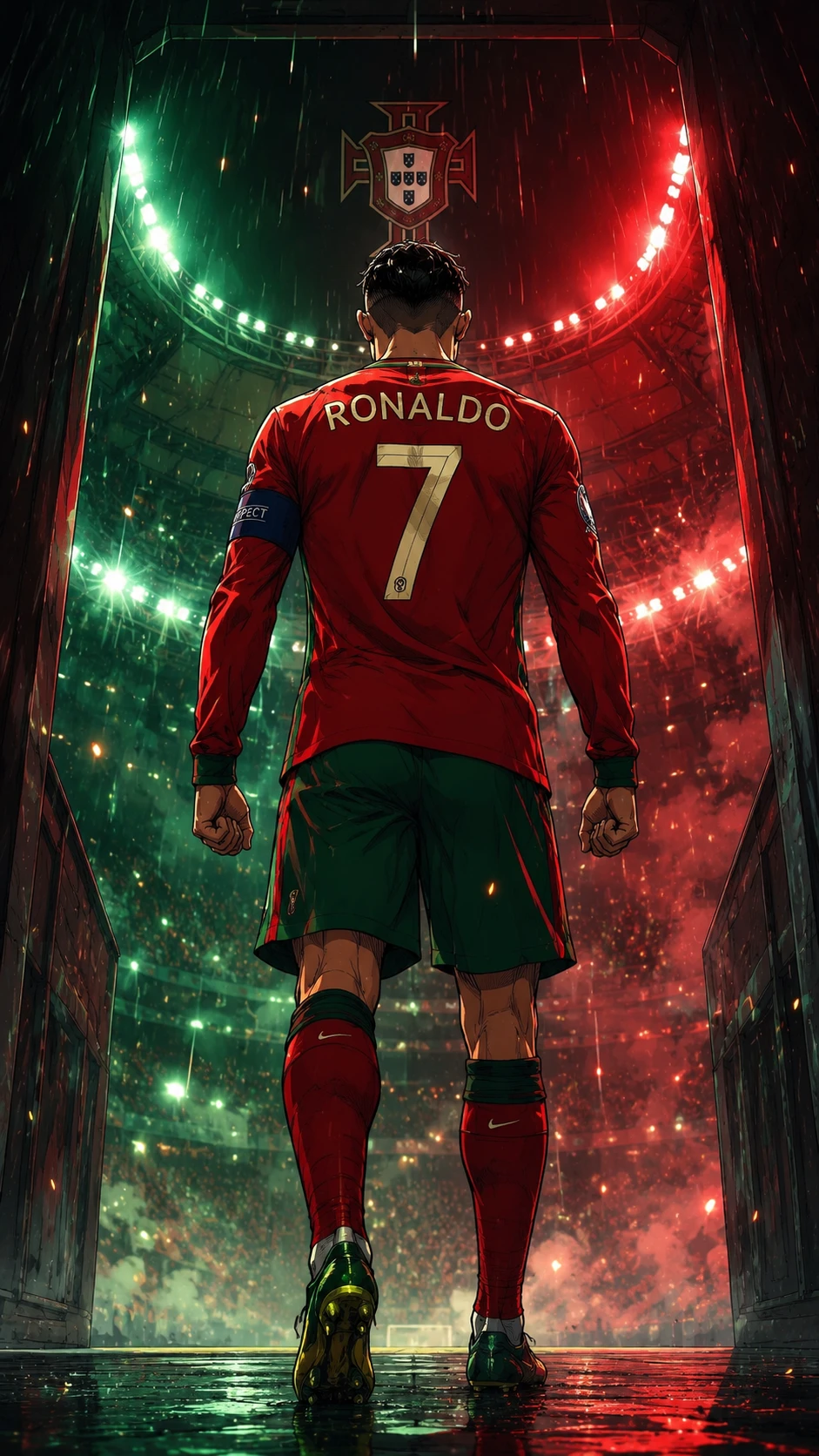 Ronaldo's Entrance Red and Green Stadium Lights Art wallpaper 941x1672