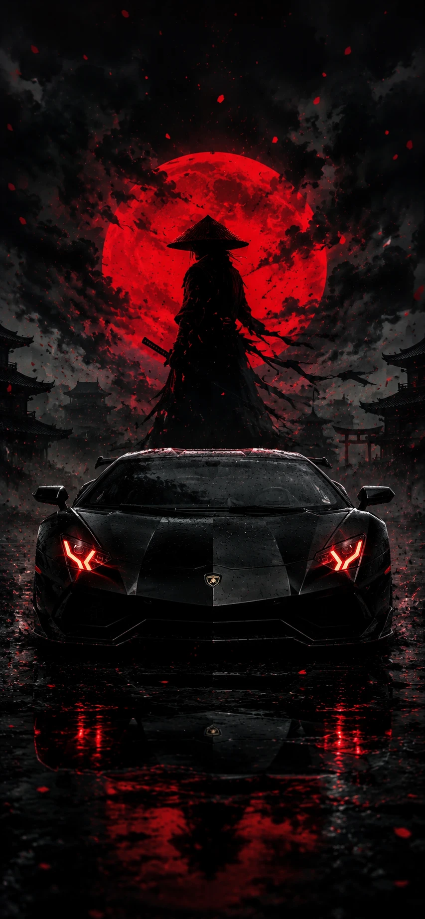 Ronin Samurai and Black Lamborghini Under a Blood Red Moon Cars wallpaper 853x1844