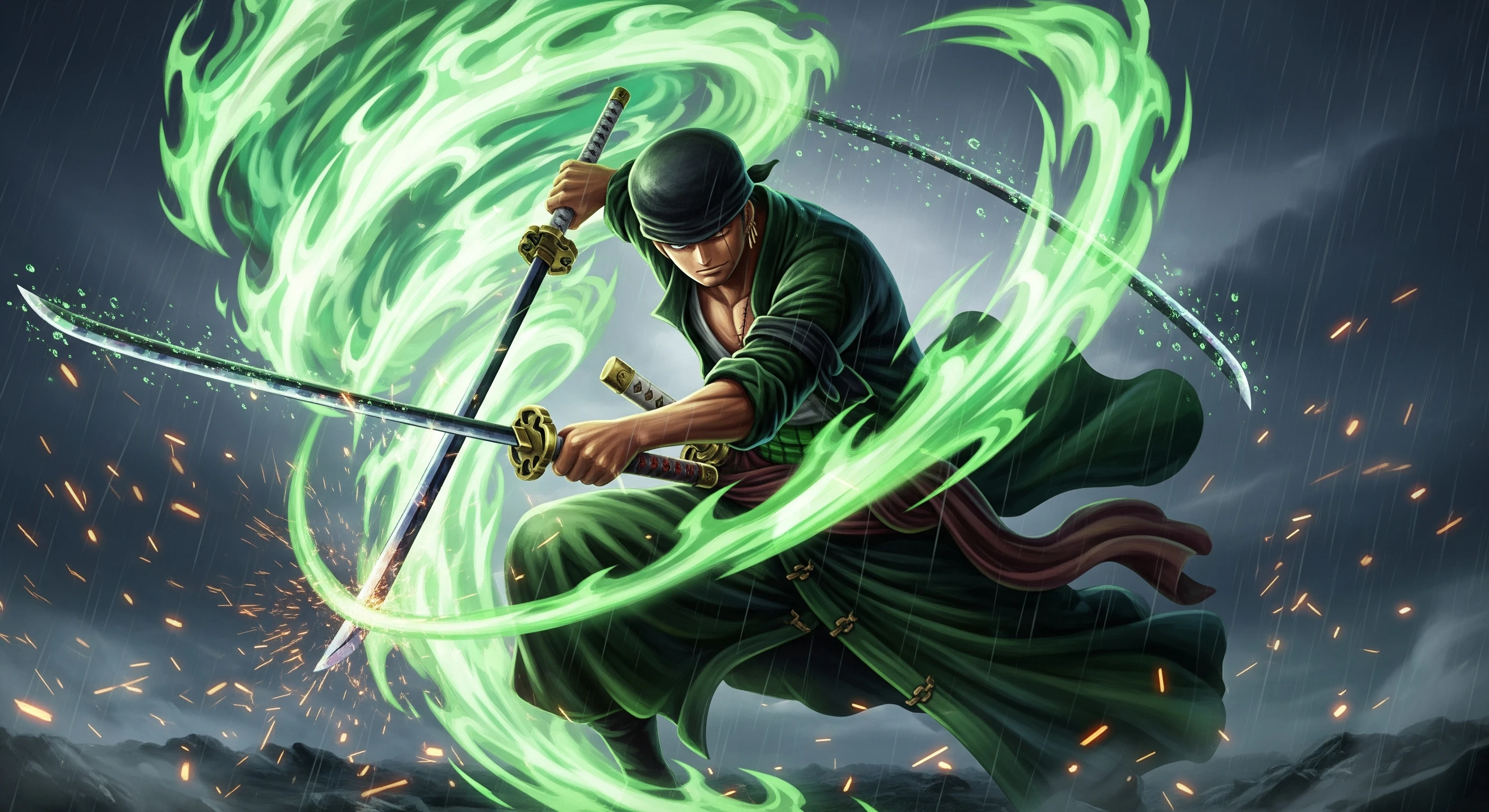 Roronoa Zoro's Three-sword Style in Emerald Aura