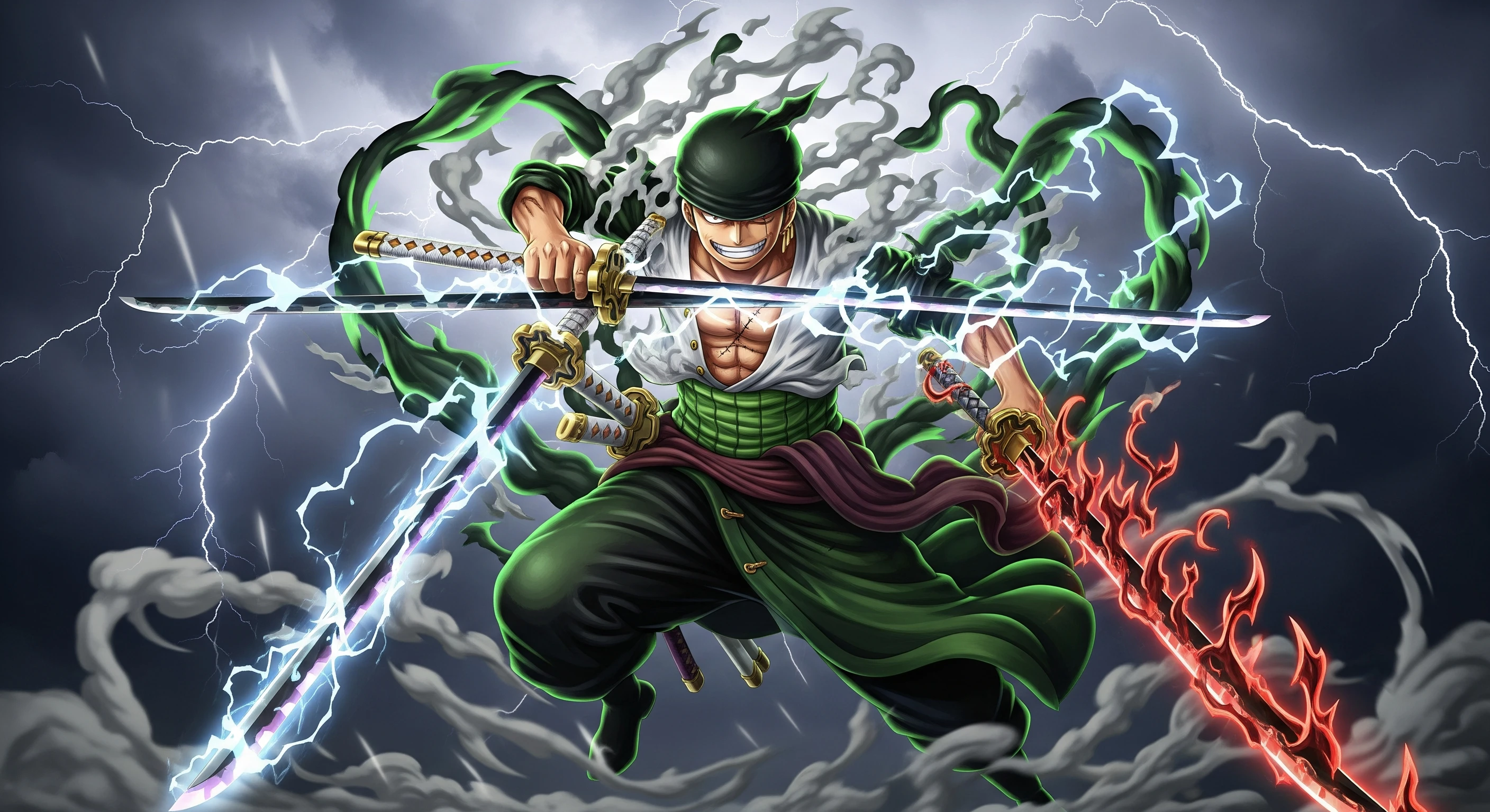 Roronoa Zoro's Three-sword Style in Lightning Storm