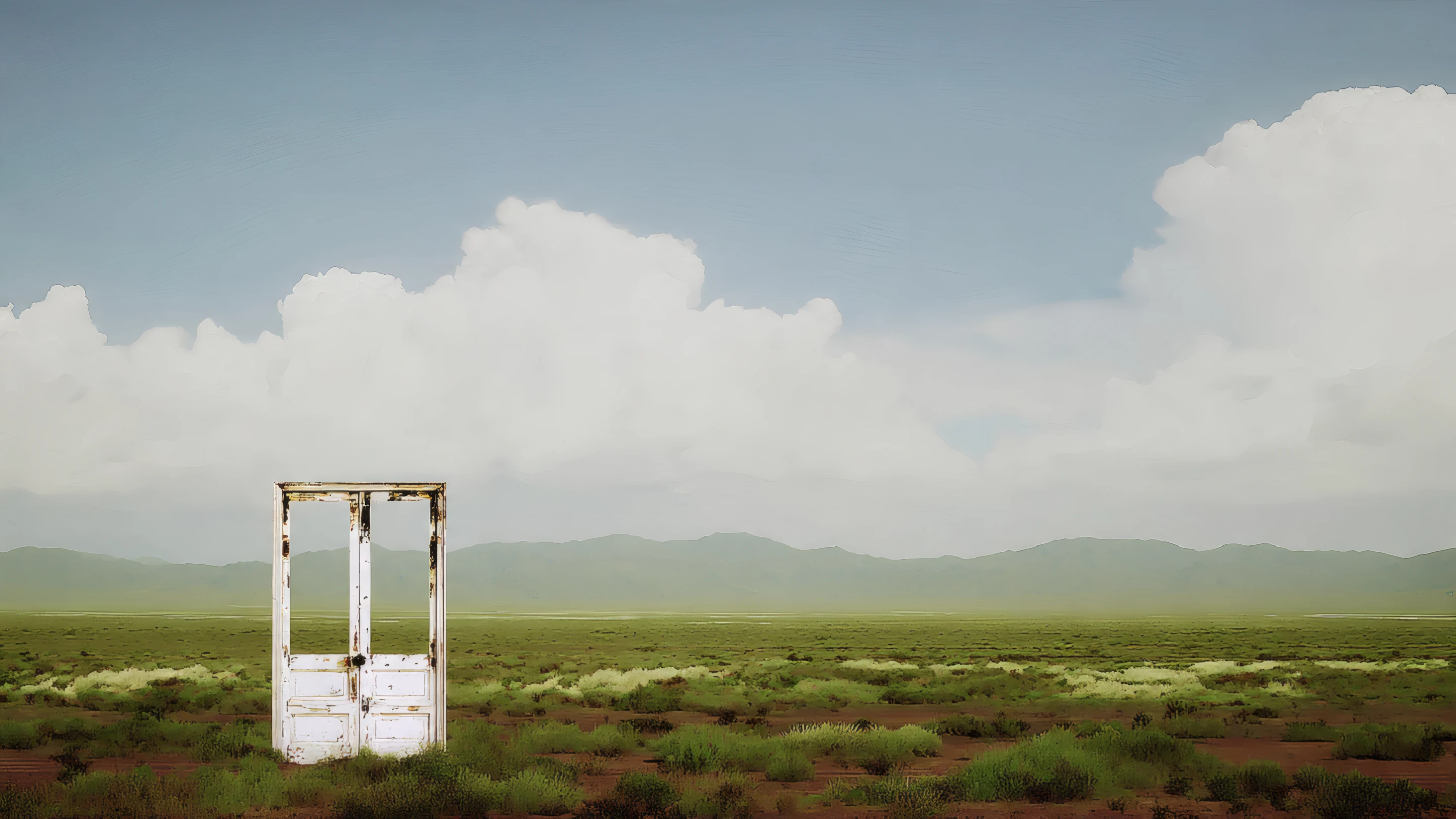 Rustic Doorway in Open Field Under Cloudy Sky