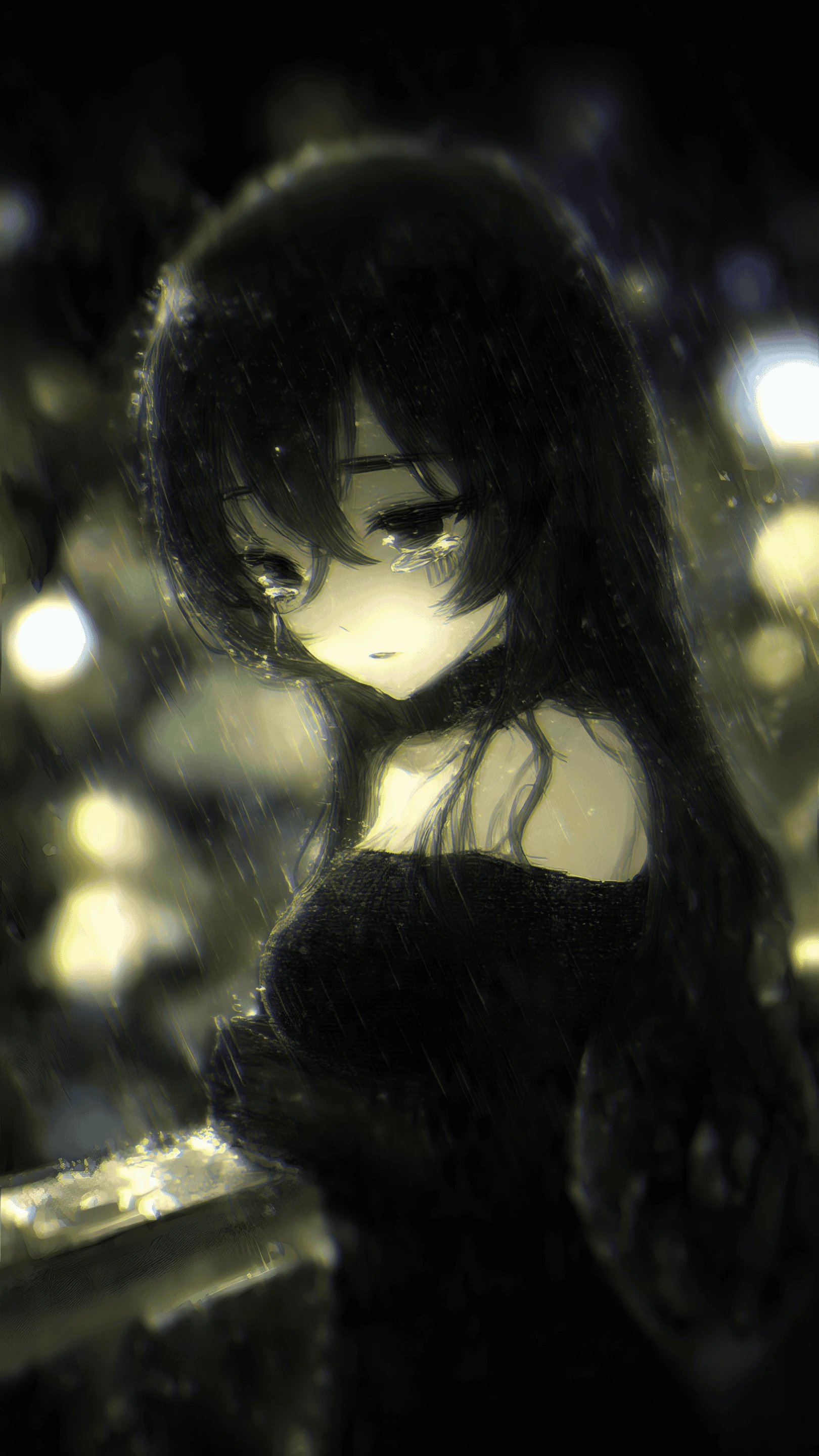 Sad Anime Girl Crying in the Rain at Night