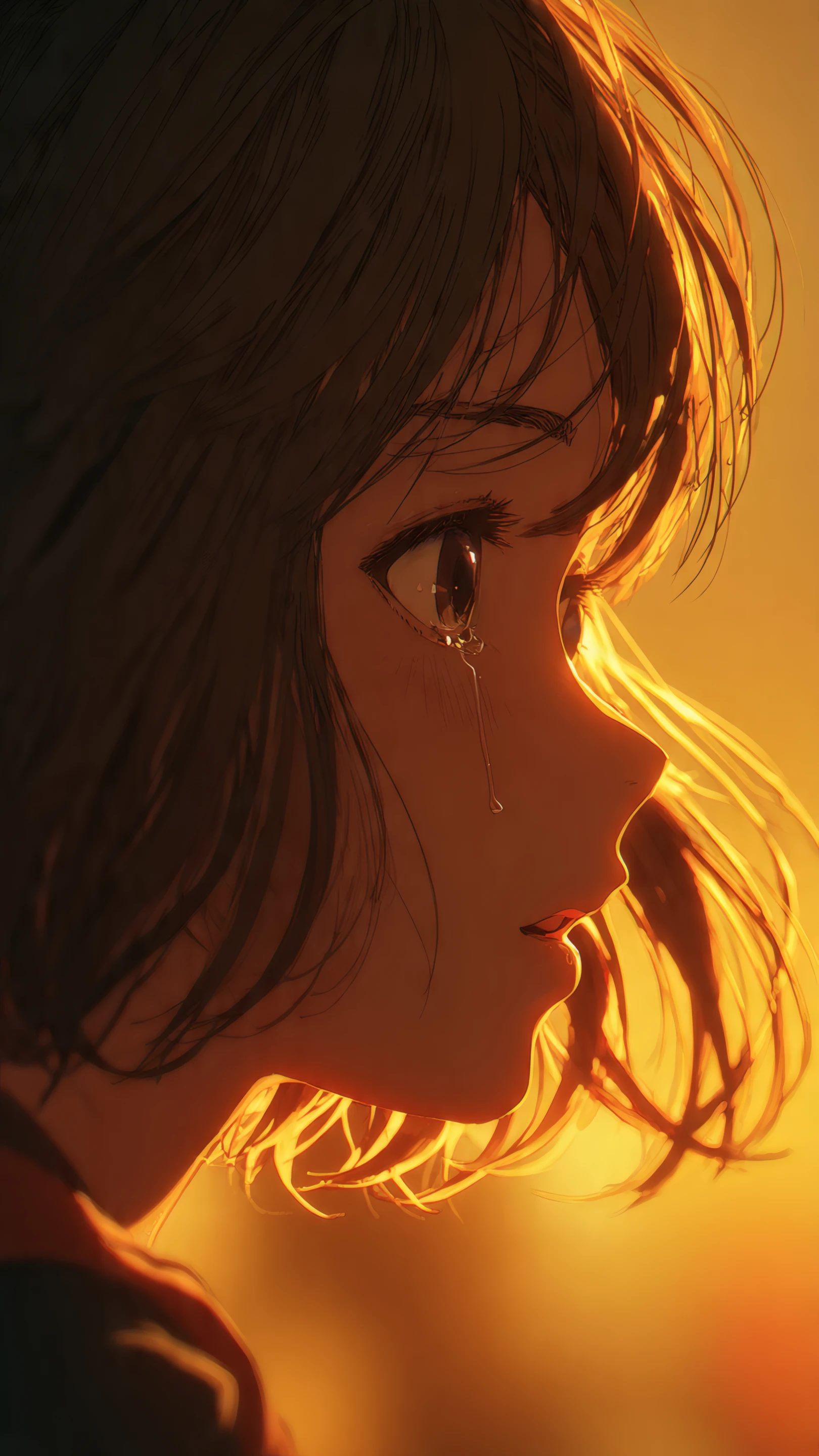 Sad Anime Girl Shedding Tears in Golden Light
