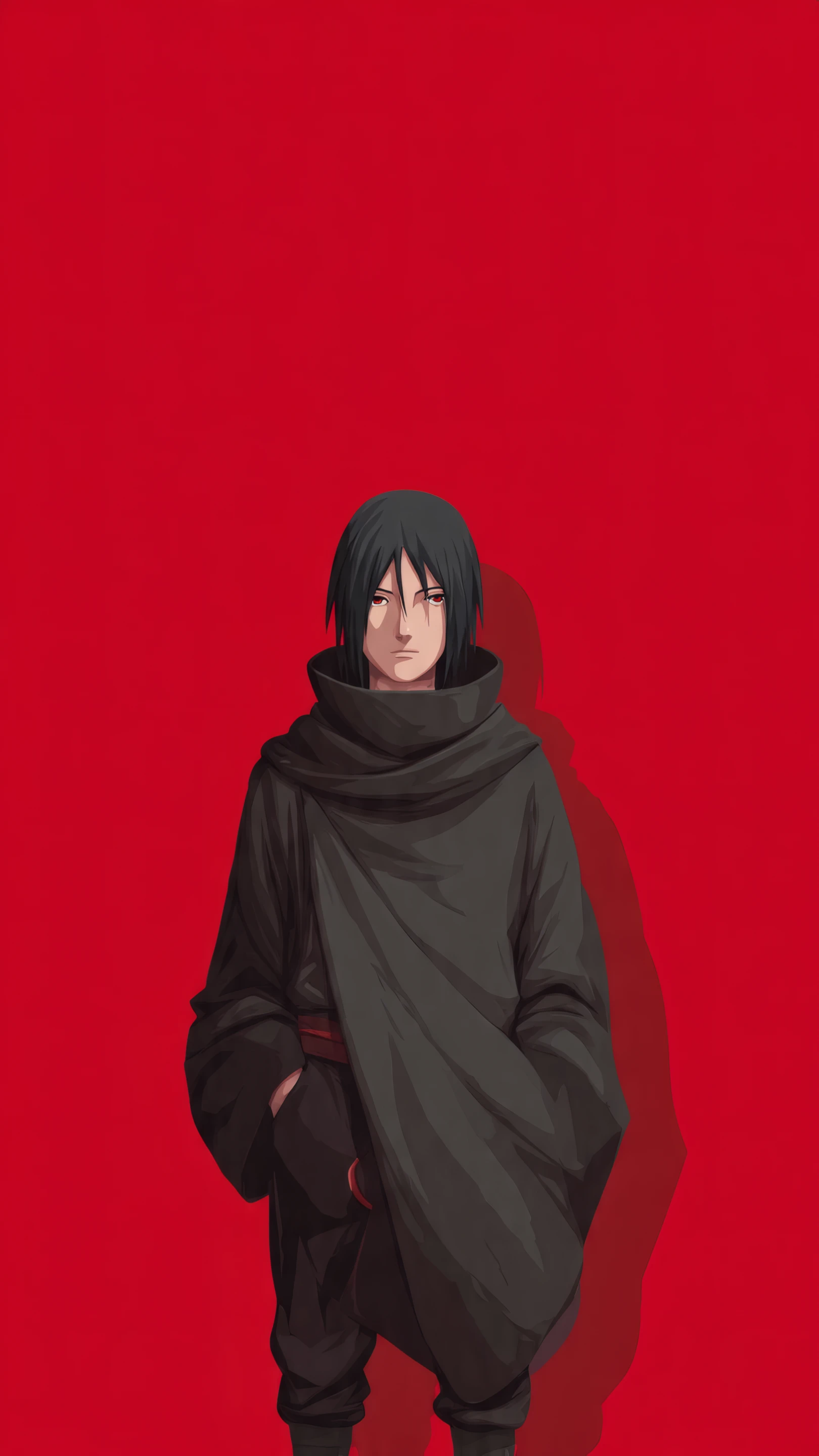 Scarlet Swagger Brooding Itachi in Dark Robes on Crimson Bac