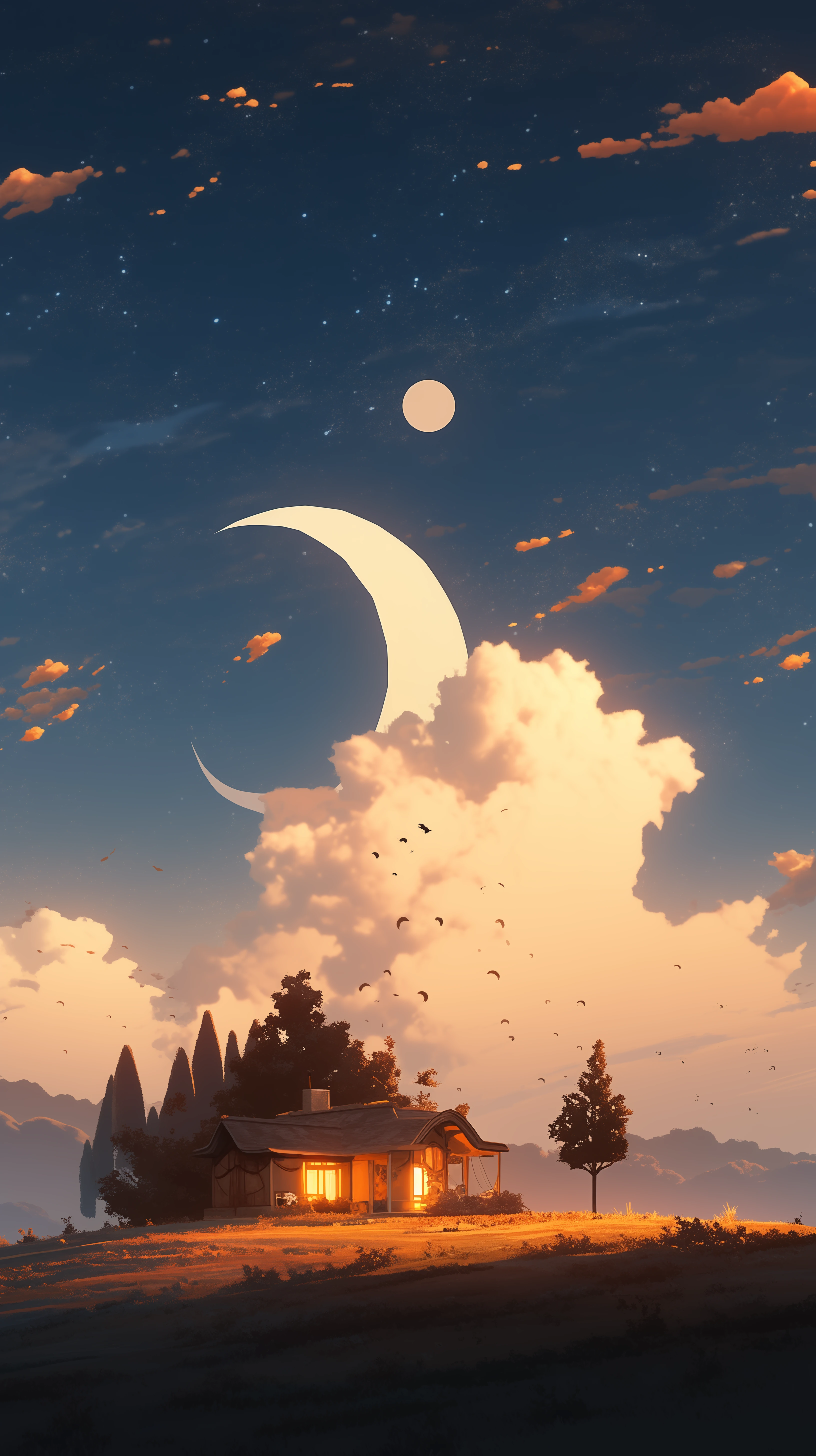 Scenic House with Crescent Moon and Dreamy Sky