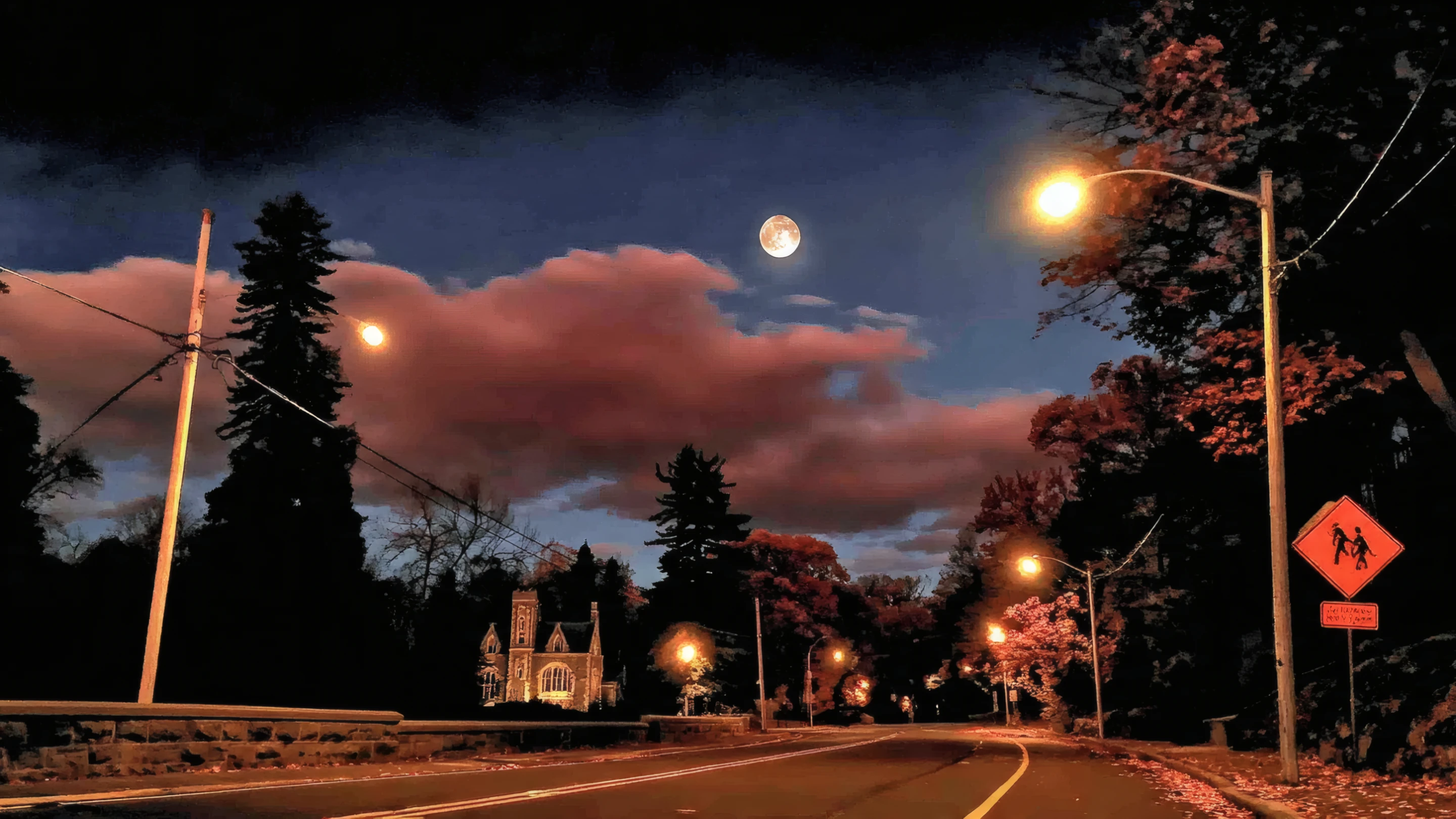 Scenic Night Road with a Full Moon and Pink Clouds