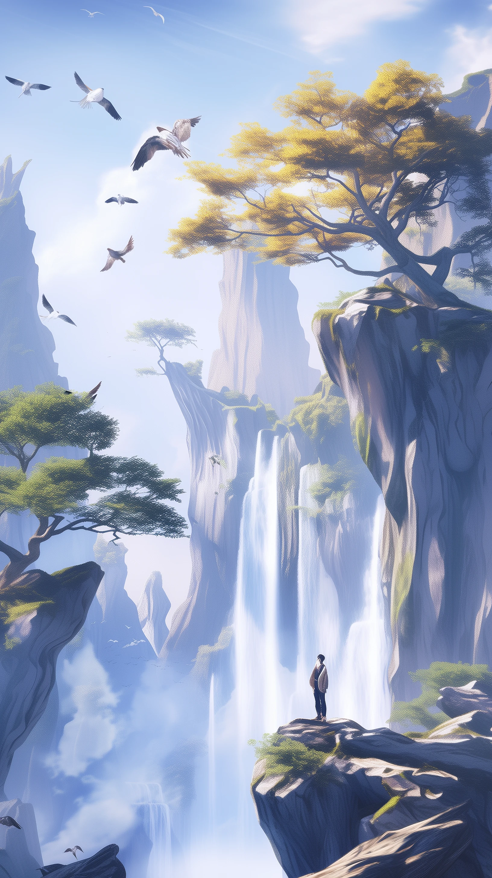 Scenic Waterfall Landscape with Person on Cliff Edge