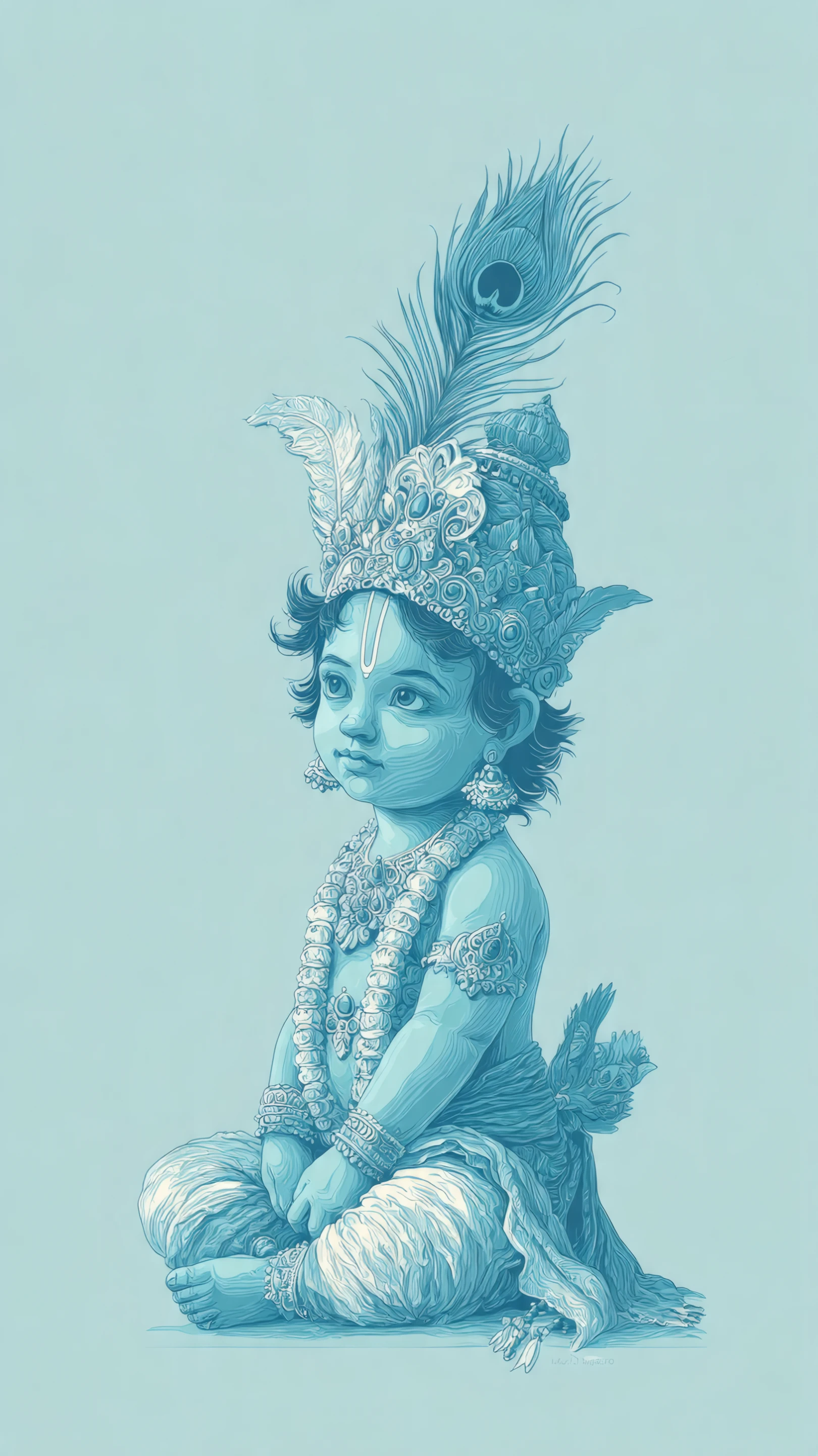 Serene Baby Krishna Illustration in Monochromatic Blue