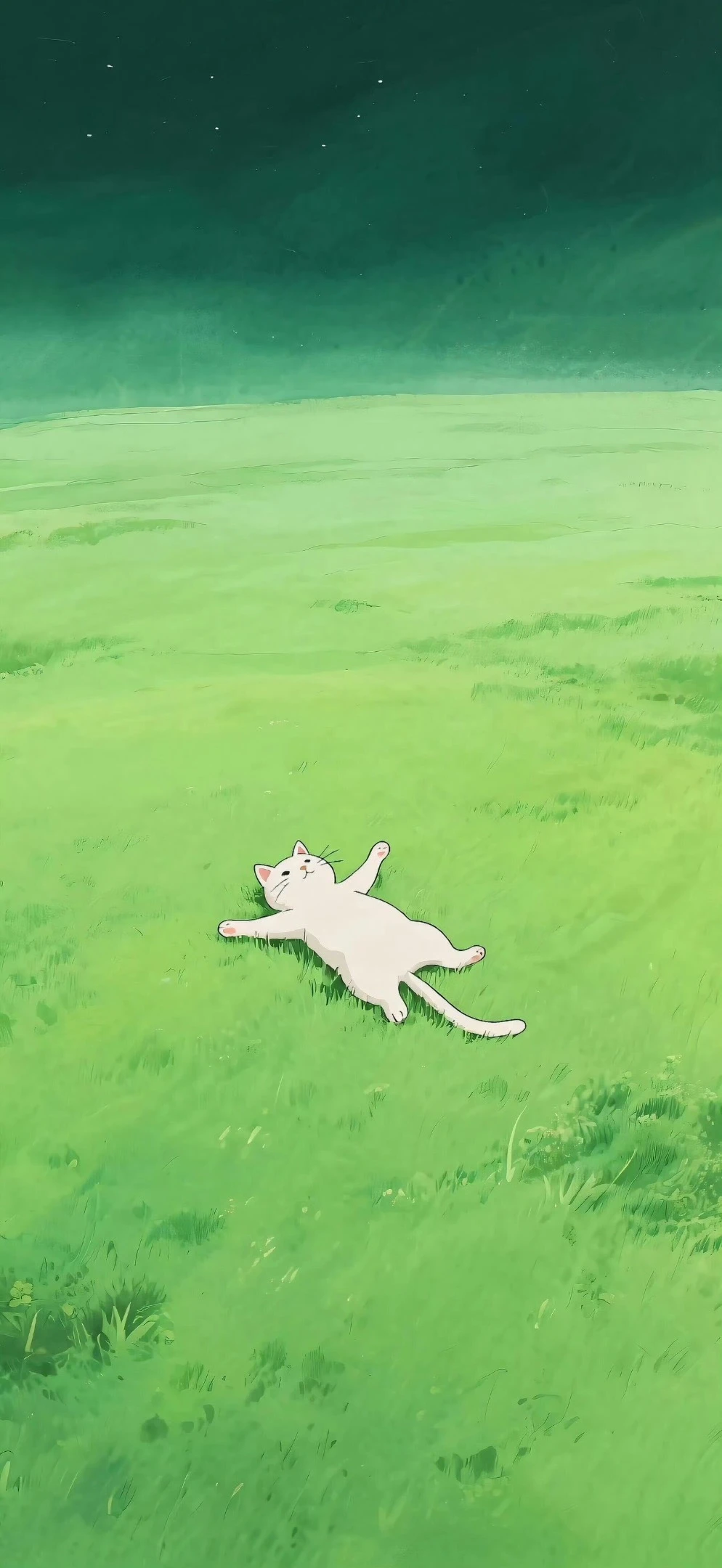 Serene Cat Nap Under a Starry Green Sky