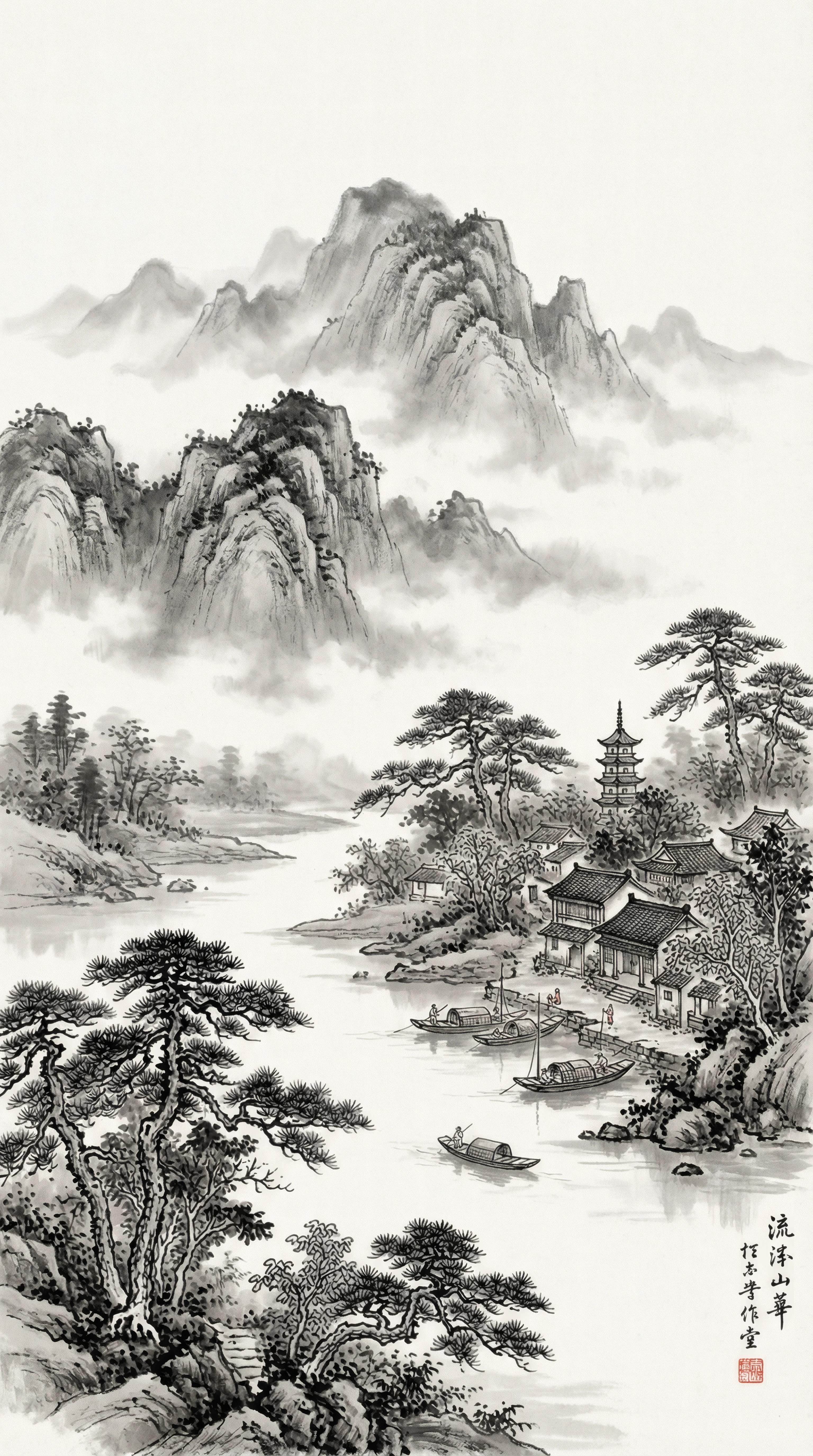 Serene Chinese Village by Misty Mountains