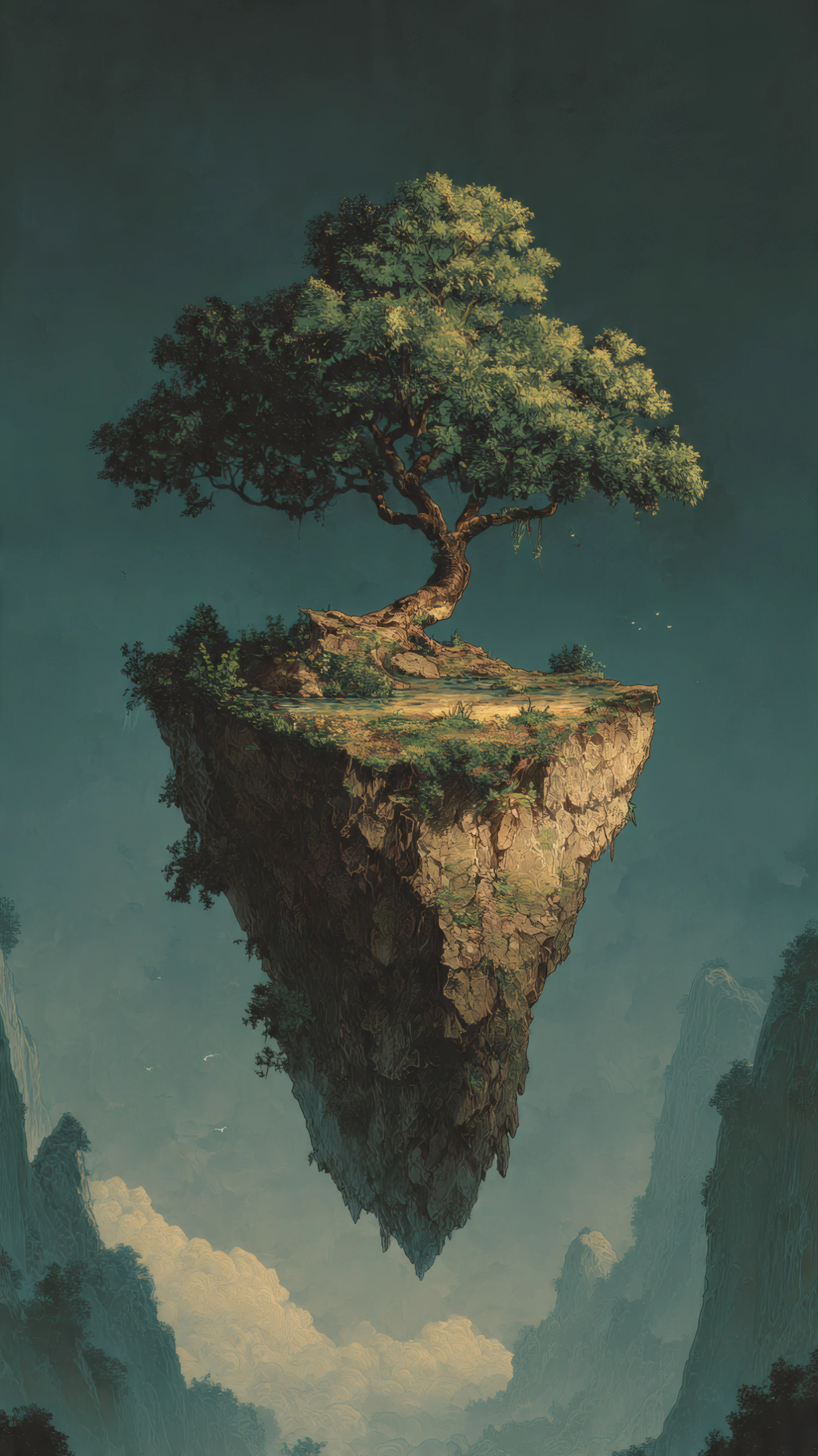 Serene Floating Island with Lush Green Tree