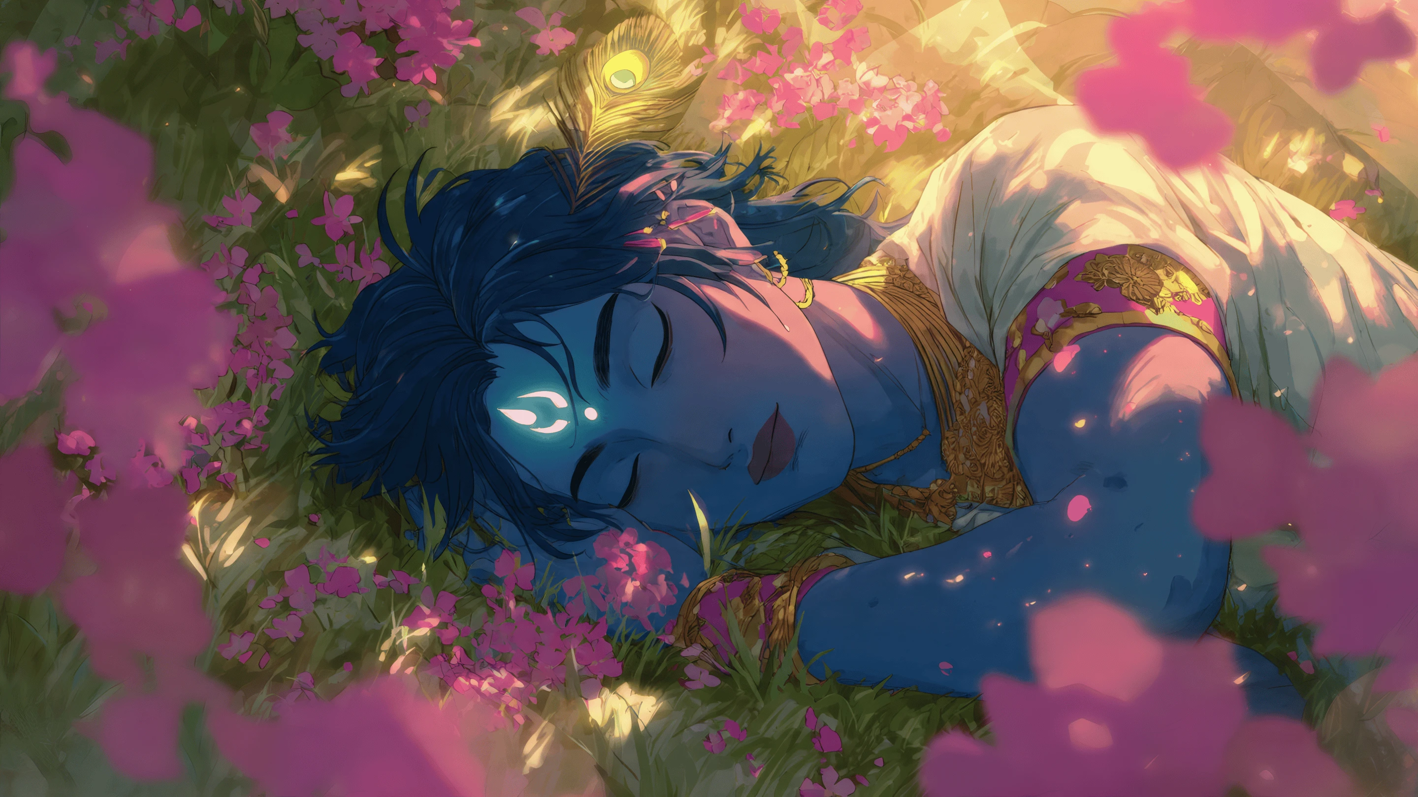 Serene Hindu God Sleeping Among Pink Flowers Artwork