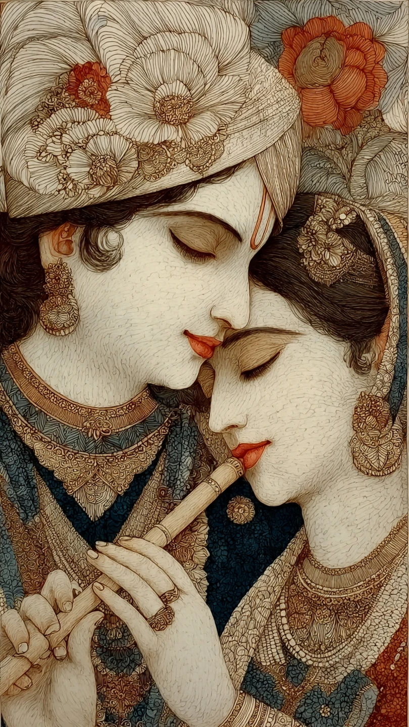 Serene Krishna and Radha Artistic Portrait Illustration