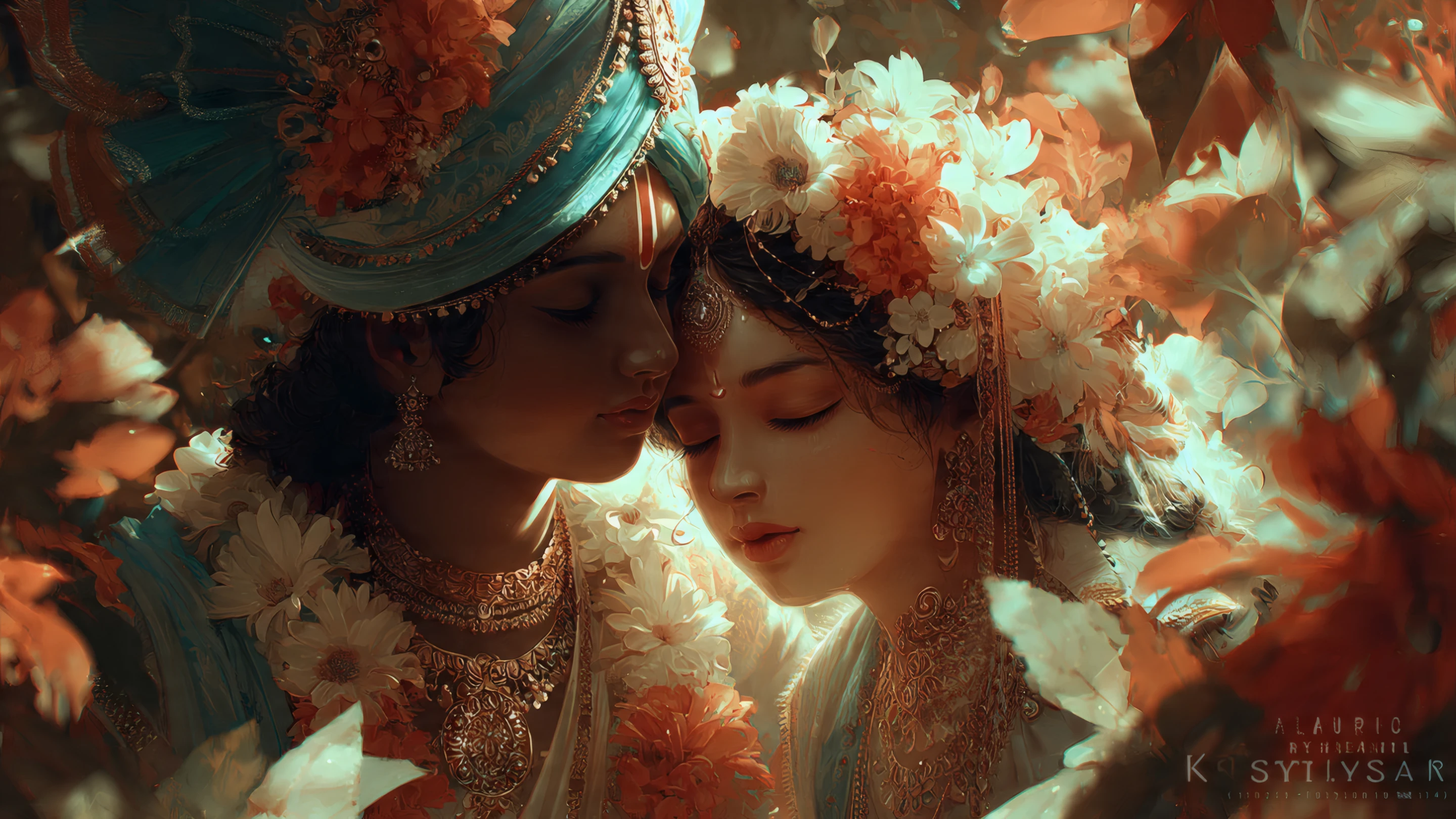Serene Krishna and Radha Portrait with Floral Adornments