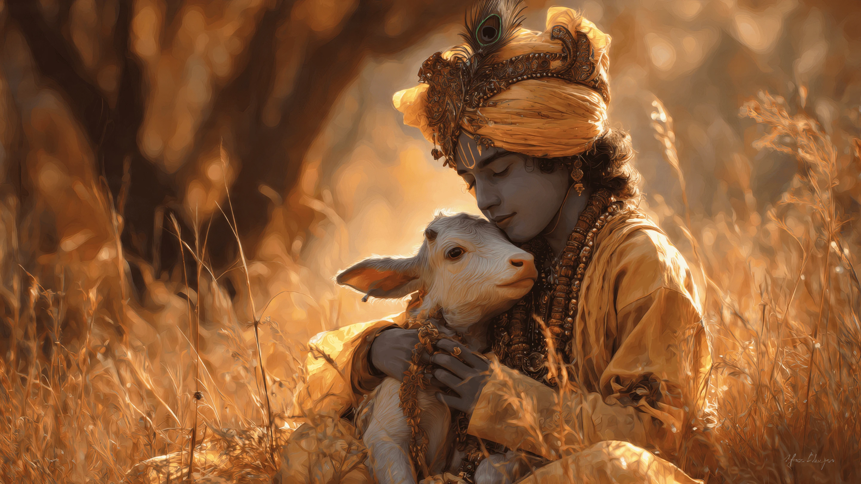 Serene Krishna with Baby Goat in Golden Field
