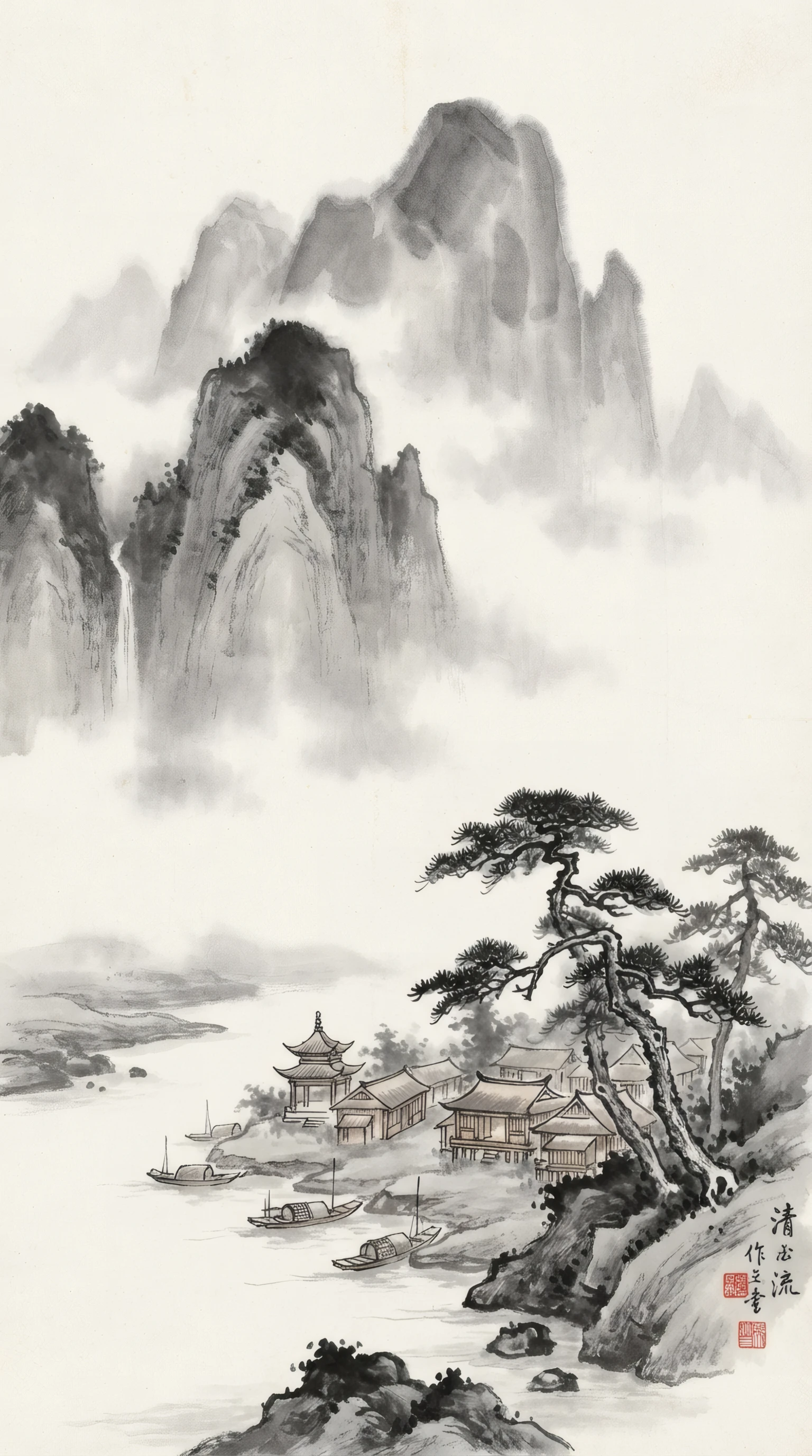 Serene Mountain Village in Ink Wash Landscape