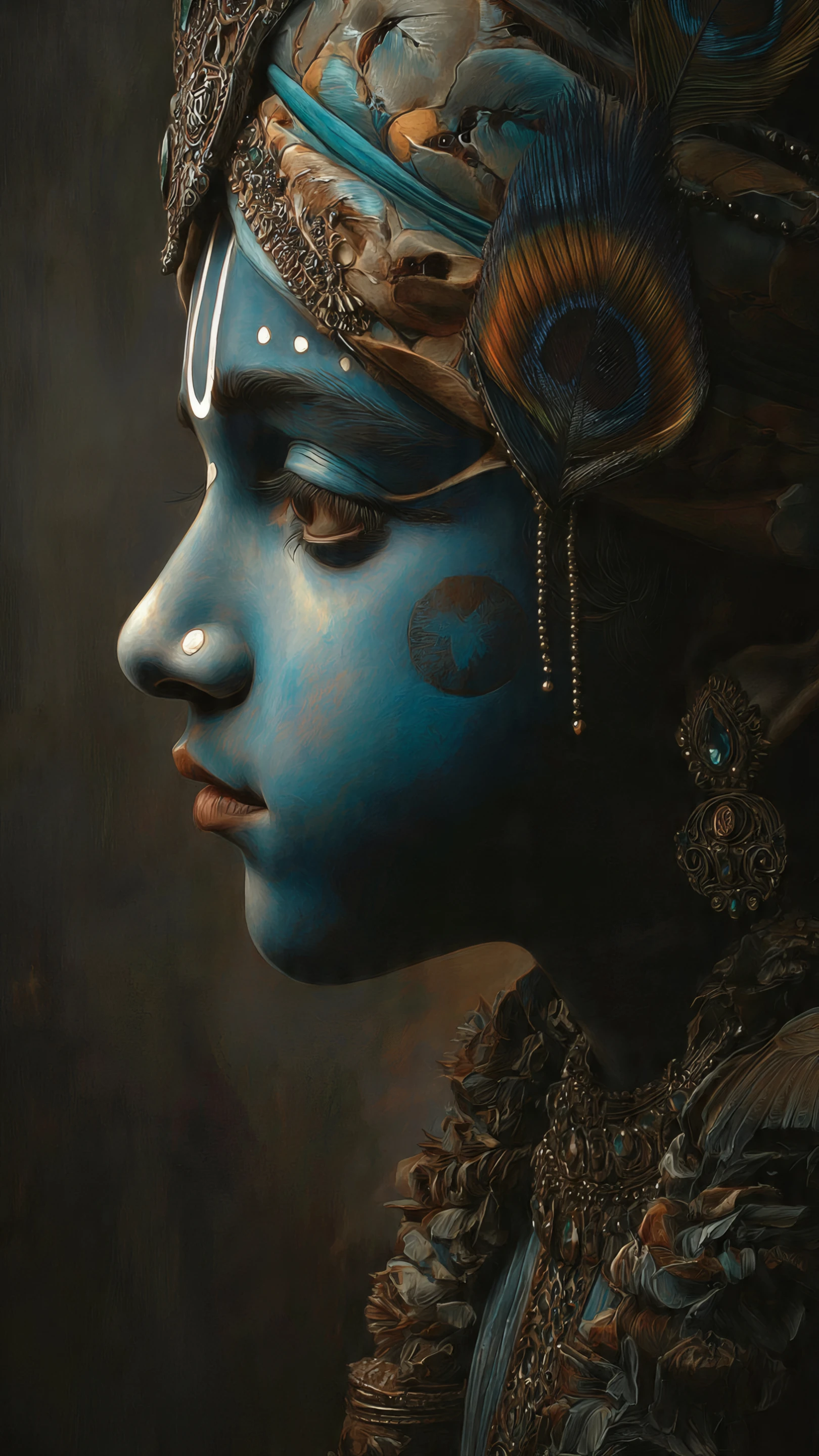 Serene Portrait of a Blue Deity with Peacock Feathers